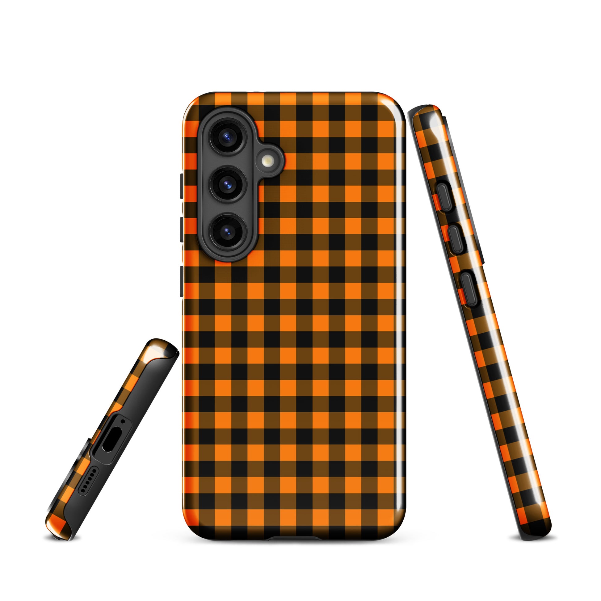 Black-and-orange gingham phone case for Samsung Galaxy, autumn theme, chic accessory with durable design