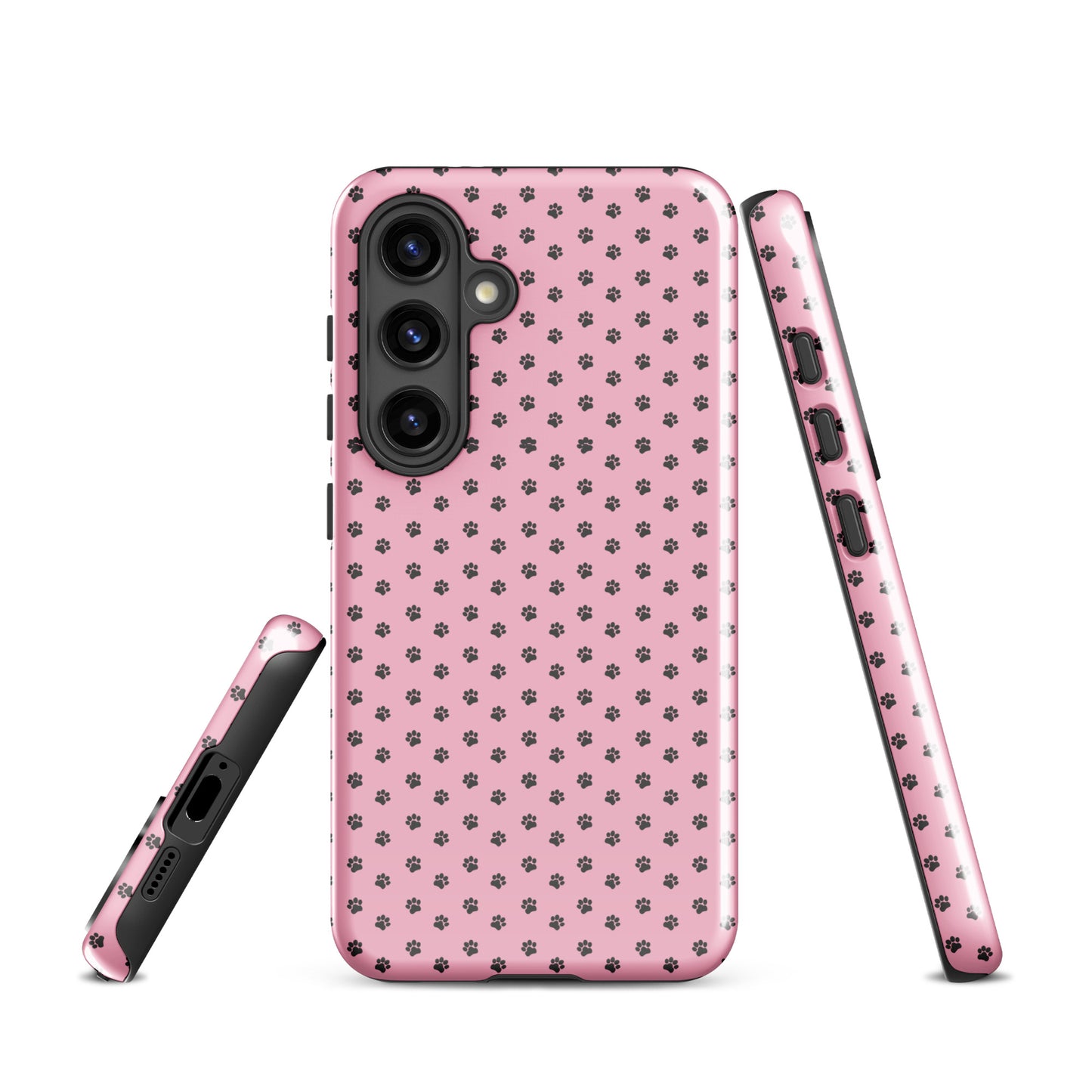 Phone Case Samsung Galaxy - Paw-Print Design in playful pink with dark gray paw prints for pet lovers.