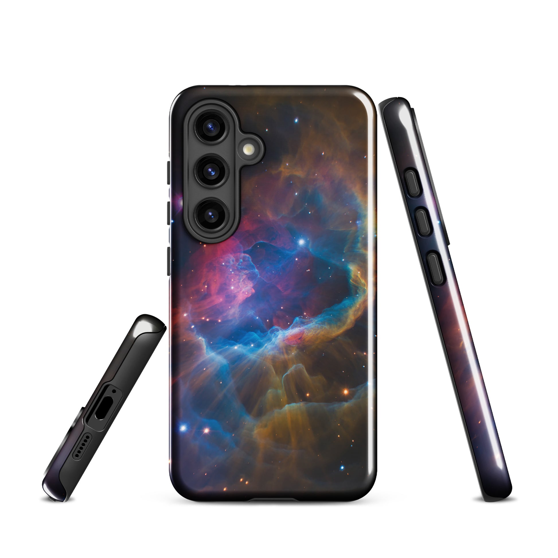 Phone Case for Samsung Galaxy featuring nebula cosmic design with electric blues, fiery oranges, and dreamy pinks.