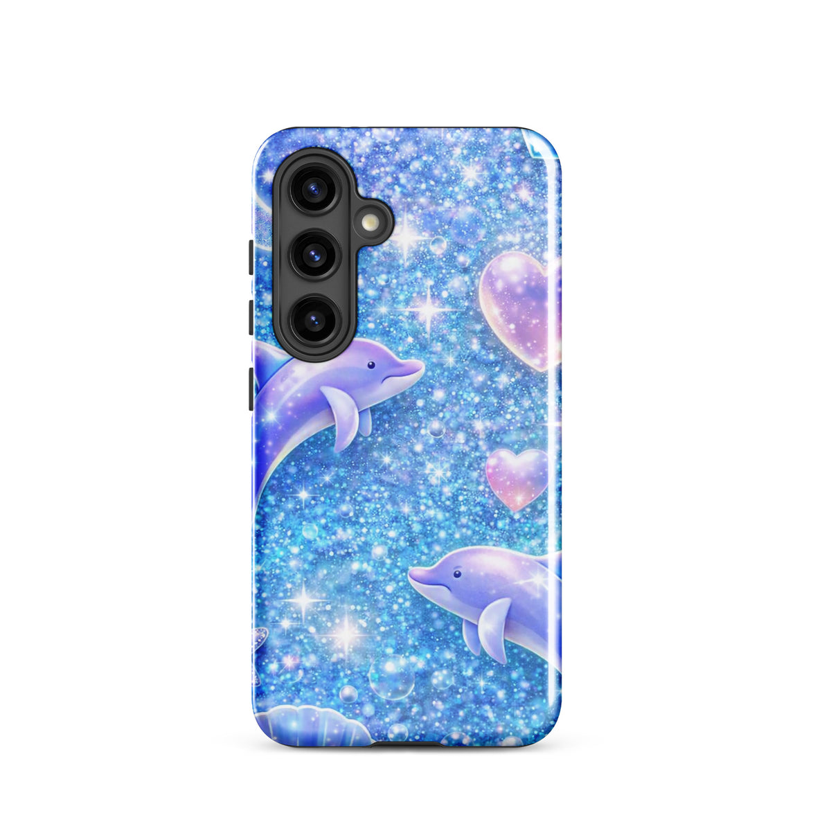 Phone Case for Samsung Galaxy with ocean glitter dolphins, celestial accents, and shimmering liquid glitter design.