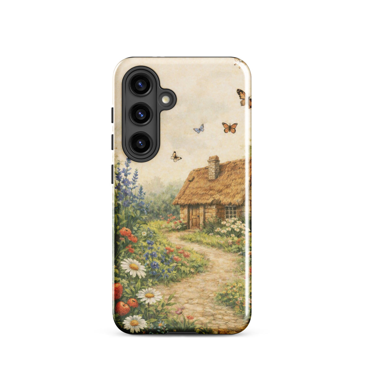 Phone Case for Samsung Galaxy with cottage garden art, featuring a thatched-roof cottage, daisies, poppies, and butterflies.