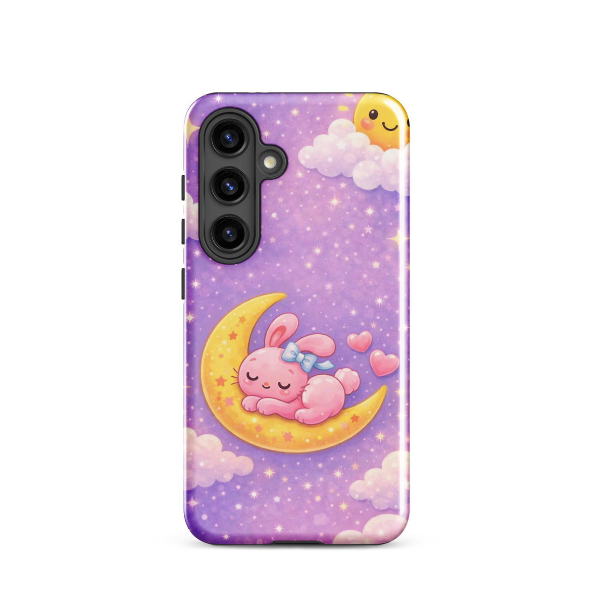 Phone Case for Samsung Galaxy - Cute, Cozy, Dreamy Bunny Moon Design with pink bunny on crescent moon and stars.