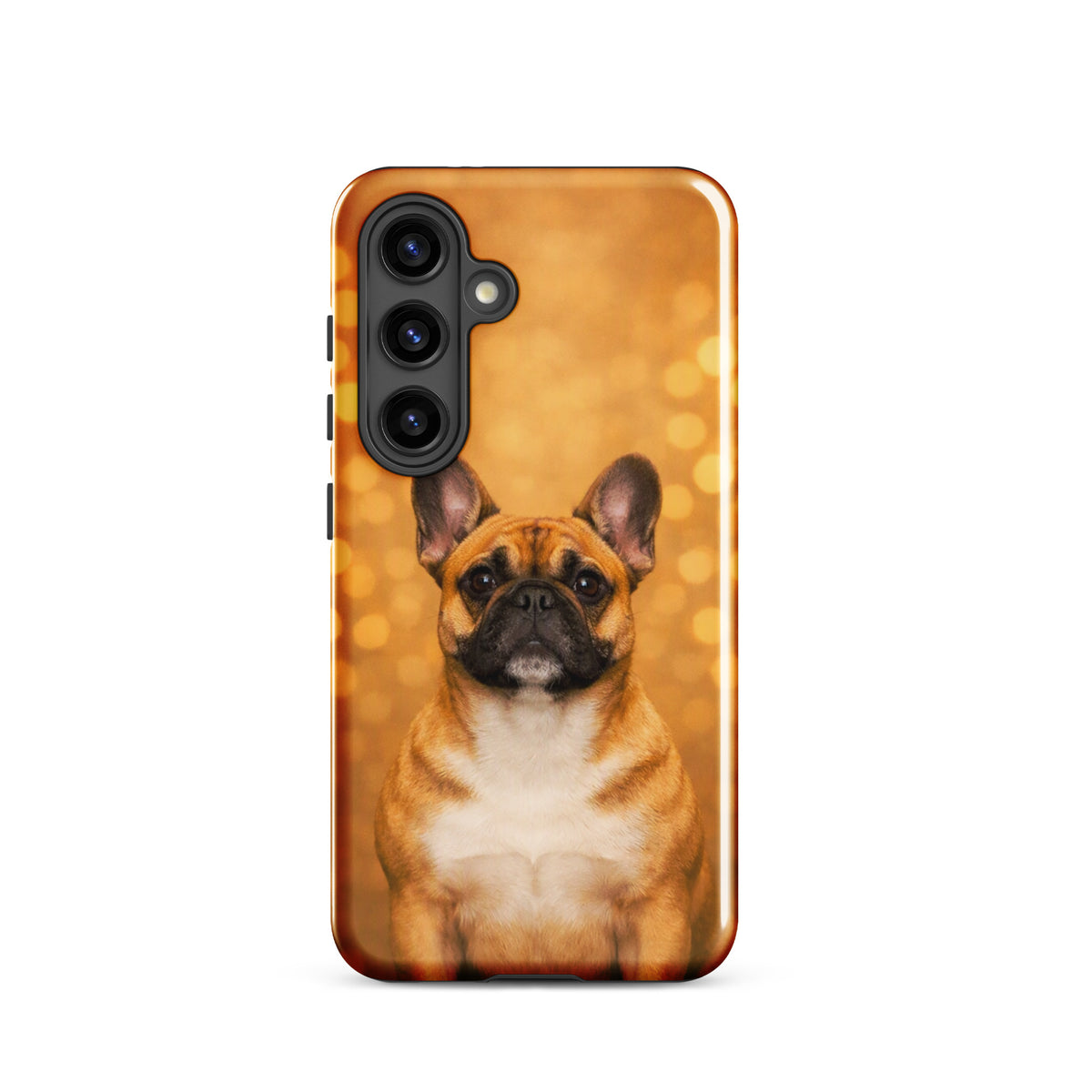 Phone Case featuring adorable French Bulldog against golden bokeh background, ideal for Samsung Galaxy. Charming and playful design.