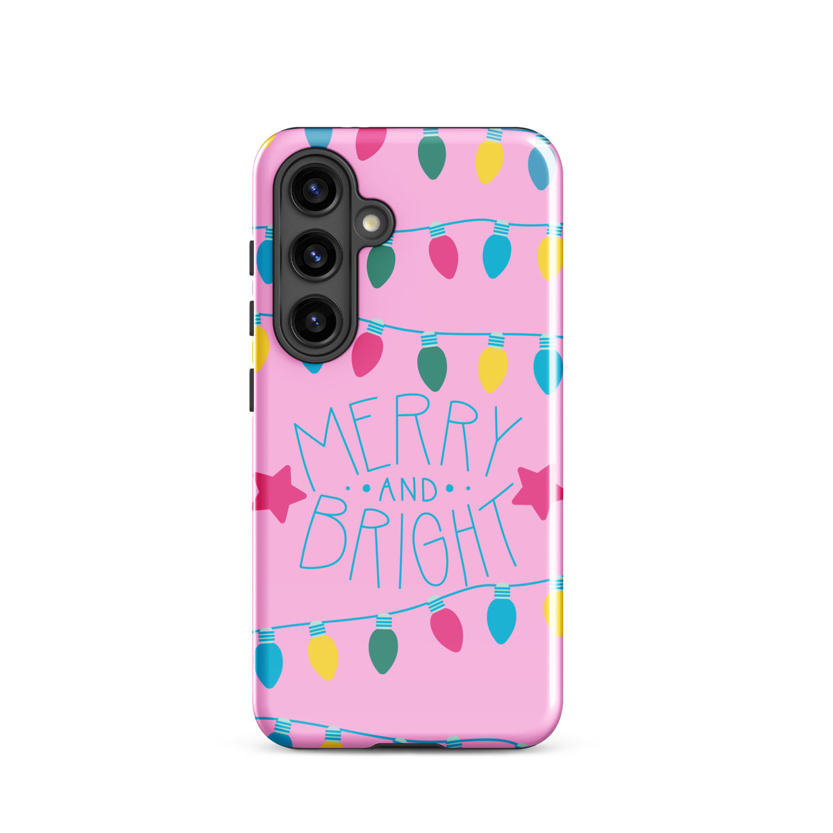 Phone Case for Samsung Galaxy featuring 'Merry and Bright' design with colorful holiday lights and pink background