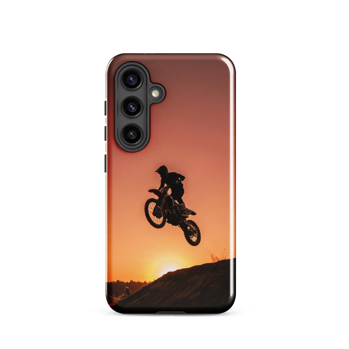Phone Case featuring motocross dirt bike jump silhouetted against sunset for Samsung Galaxy.