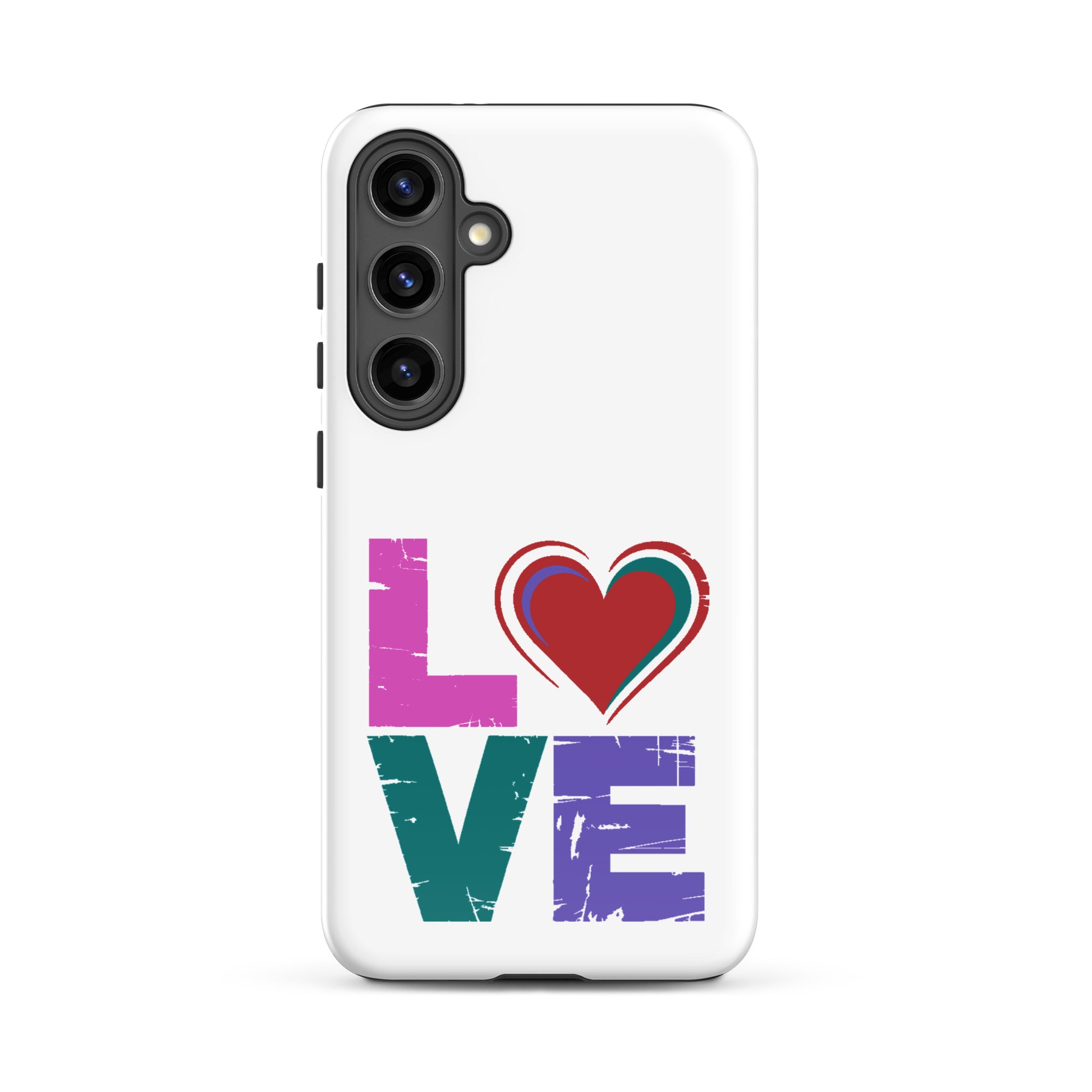 Tough case for Samsung Galaxy Phones featuring colorful 'LOVE' design with heart accent.