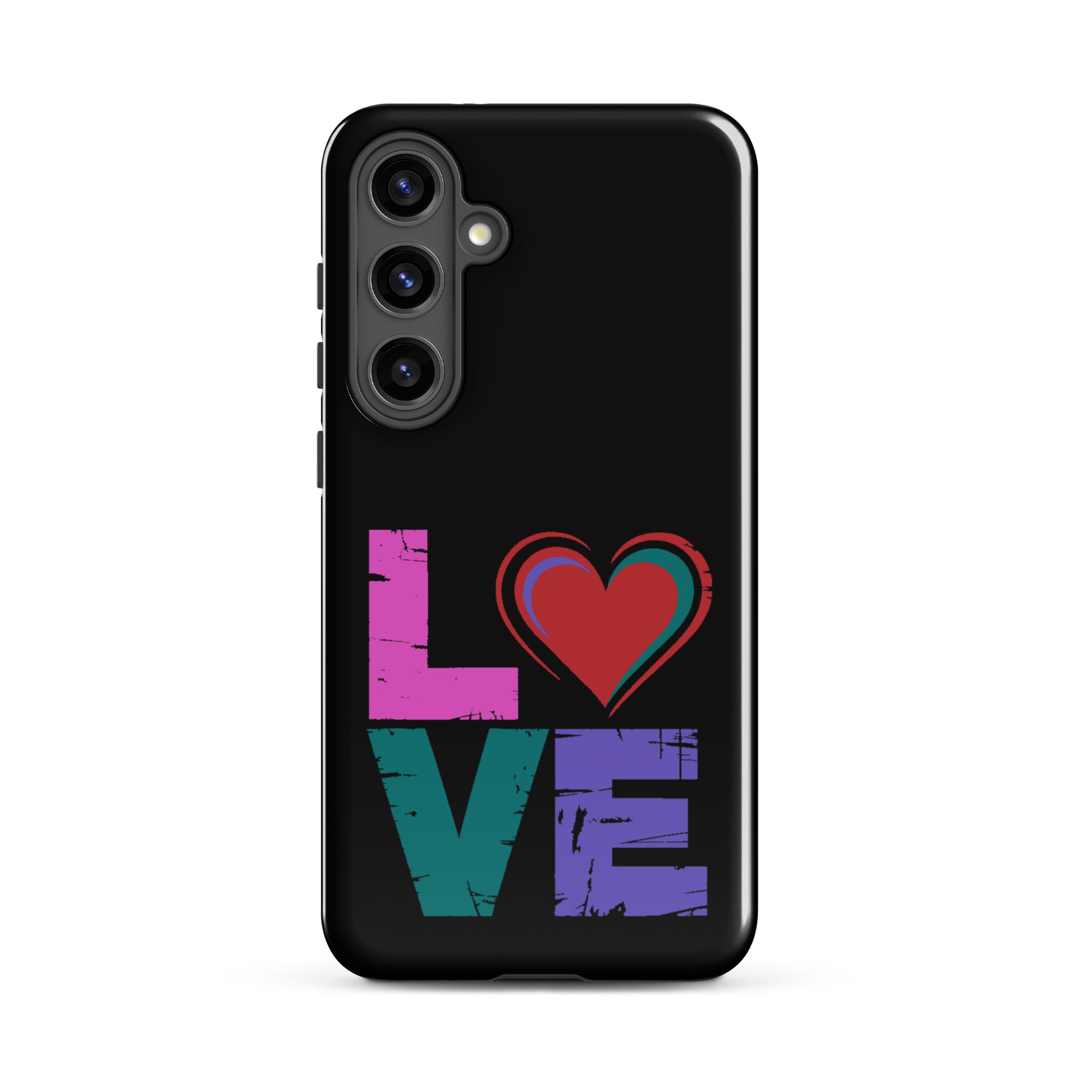 Tough case for Samsung Galaxy Phones featuring bold 'LOVE' design with heart on a sleek black background.