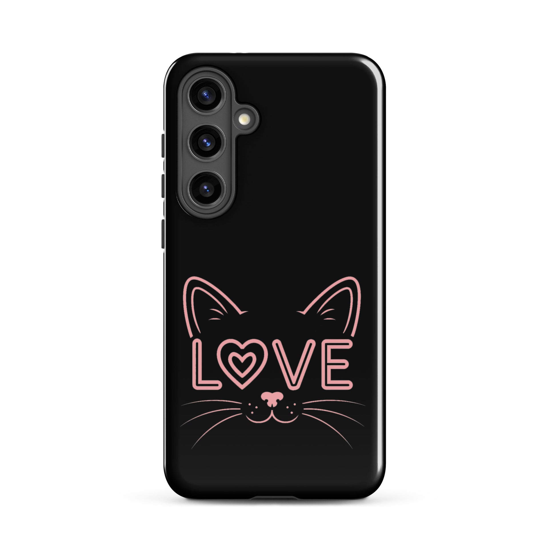 Cat Love Phone Case for Samsung Galaxy with a minimalist cat face design and love in pink lettering.