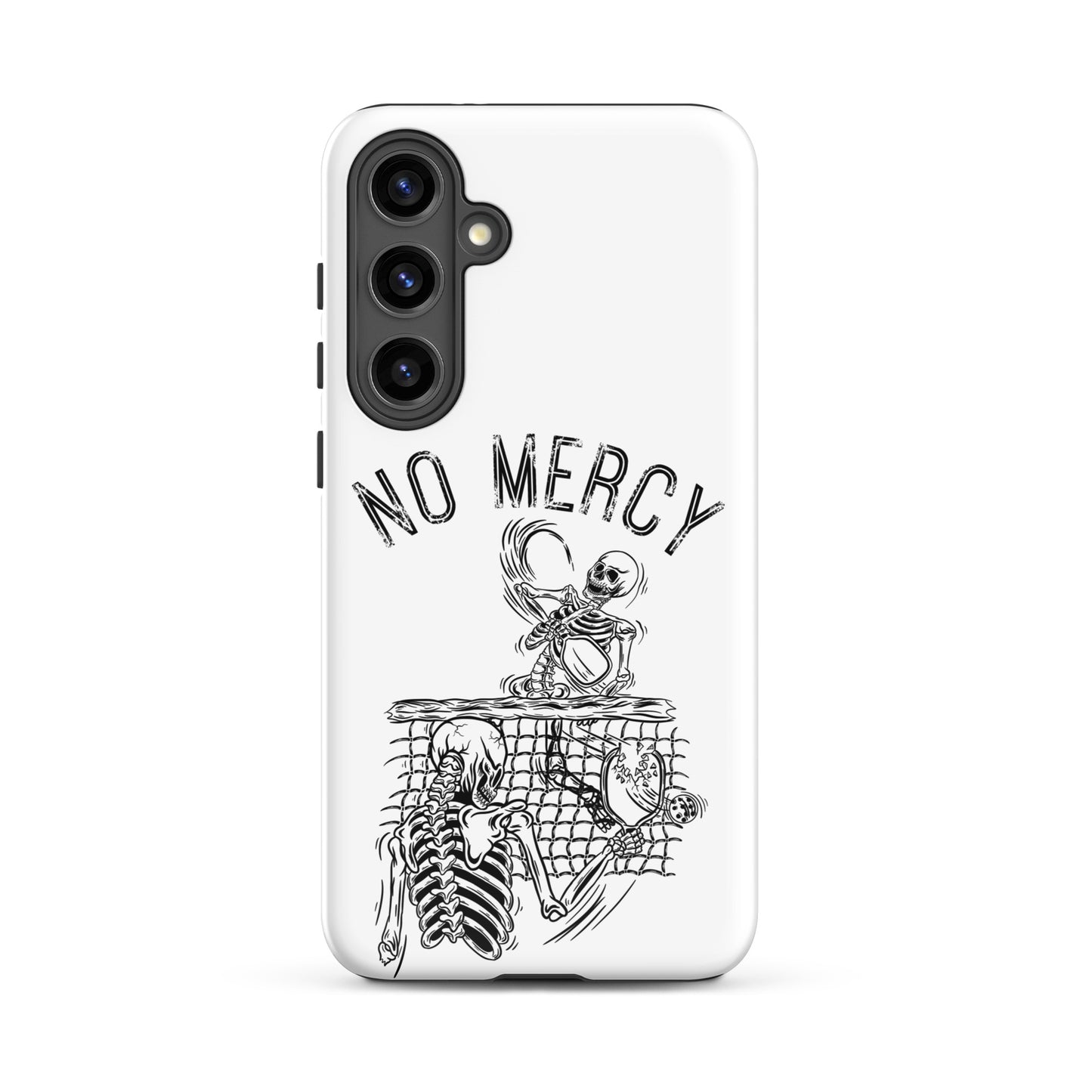 Pickleball Samsung Galaxy case featuring 'No Mercy' design with skeletons on the court.