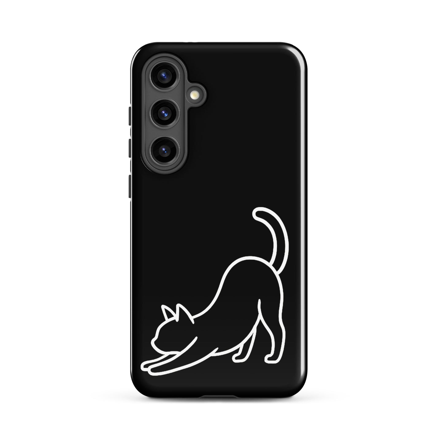 Phone Case for Samsung Galaxy featuring minimalist stretching cat design on a sleek black background.