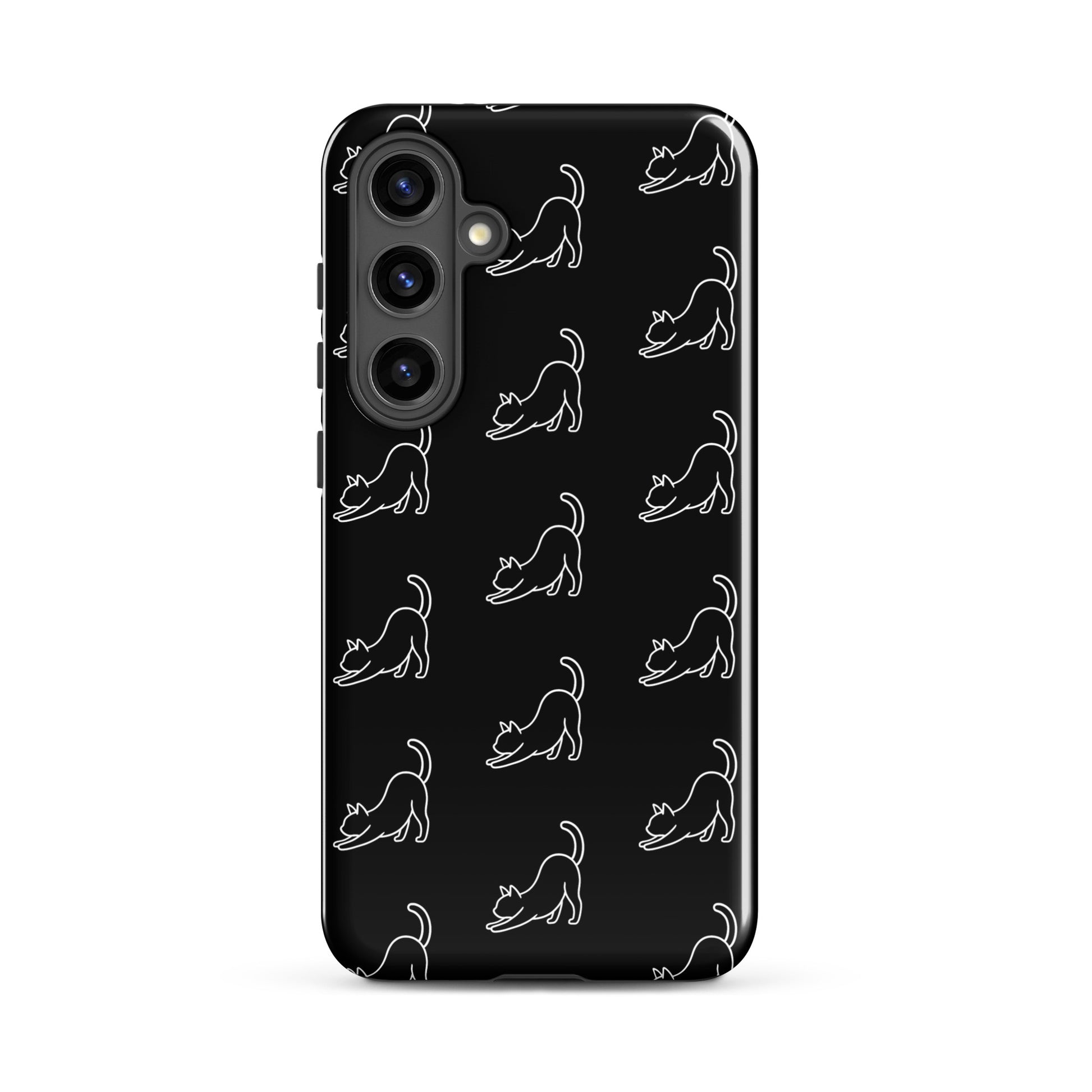 Phone Case for Samsung Galaxy featuring minimalistic stretching cat pattern on a black background.