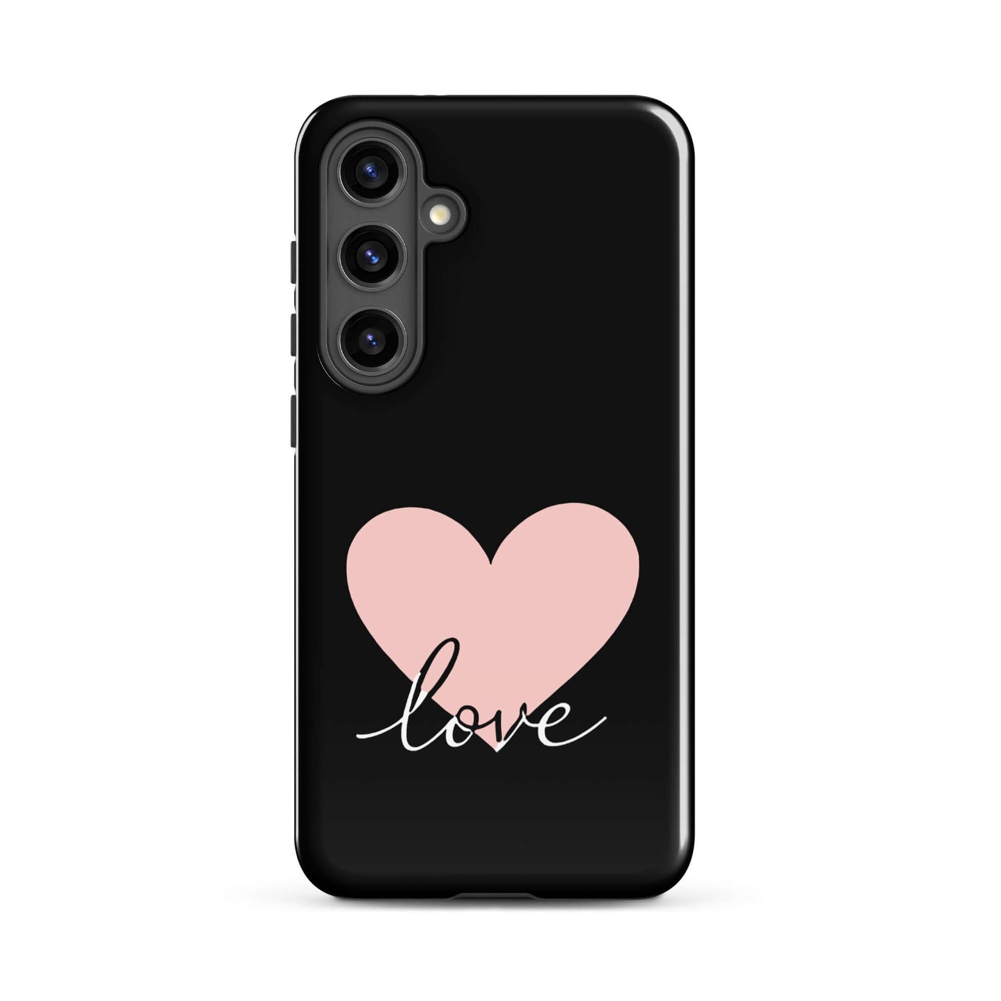 Phone Case Samsung Galaxy with a pink heart and script love design on a black background.