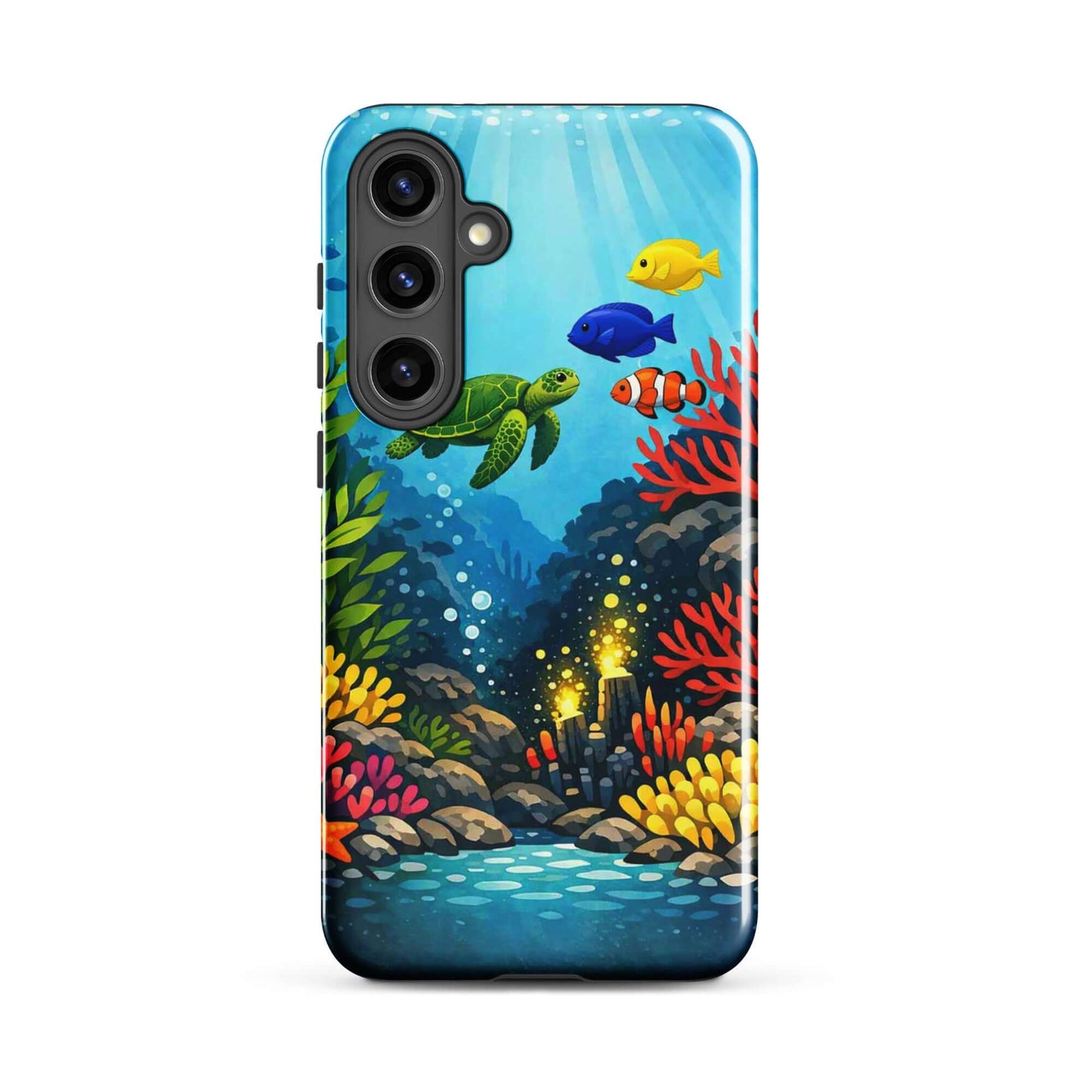 Phone case for Samsung Galaxy featuring a vibrant sea turtle and colorful coral reef design.