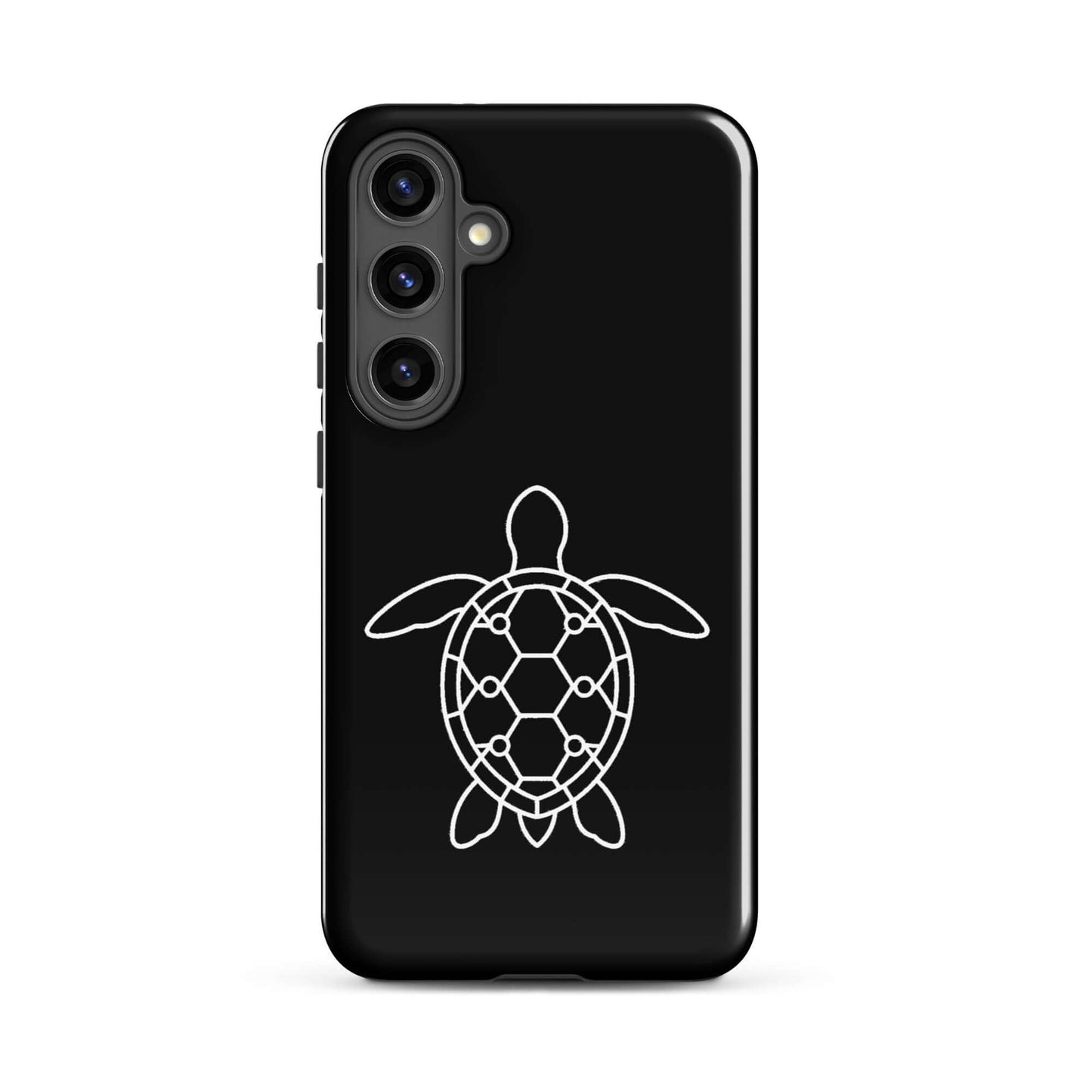 phone case for Samsung Galaxy featuring minimalist sea turtle silhouette on a sleek black background.