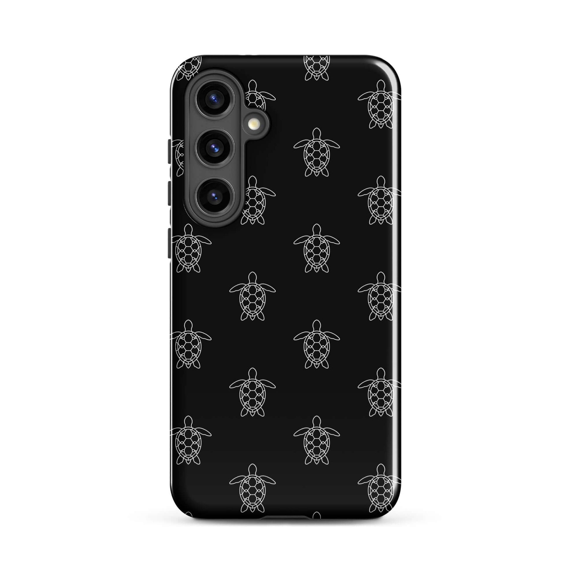 Phone Case for Samsung Galaxy with minimalist sea turtle pattern on black background.