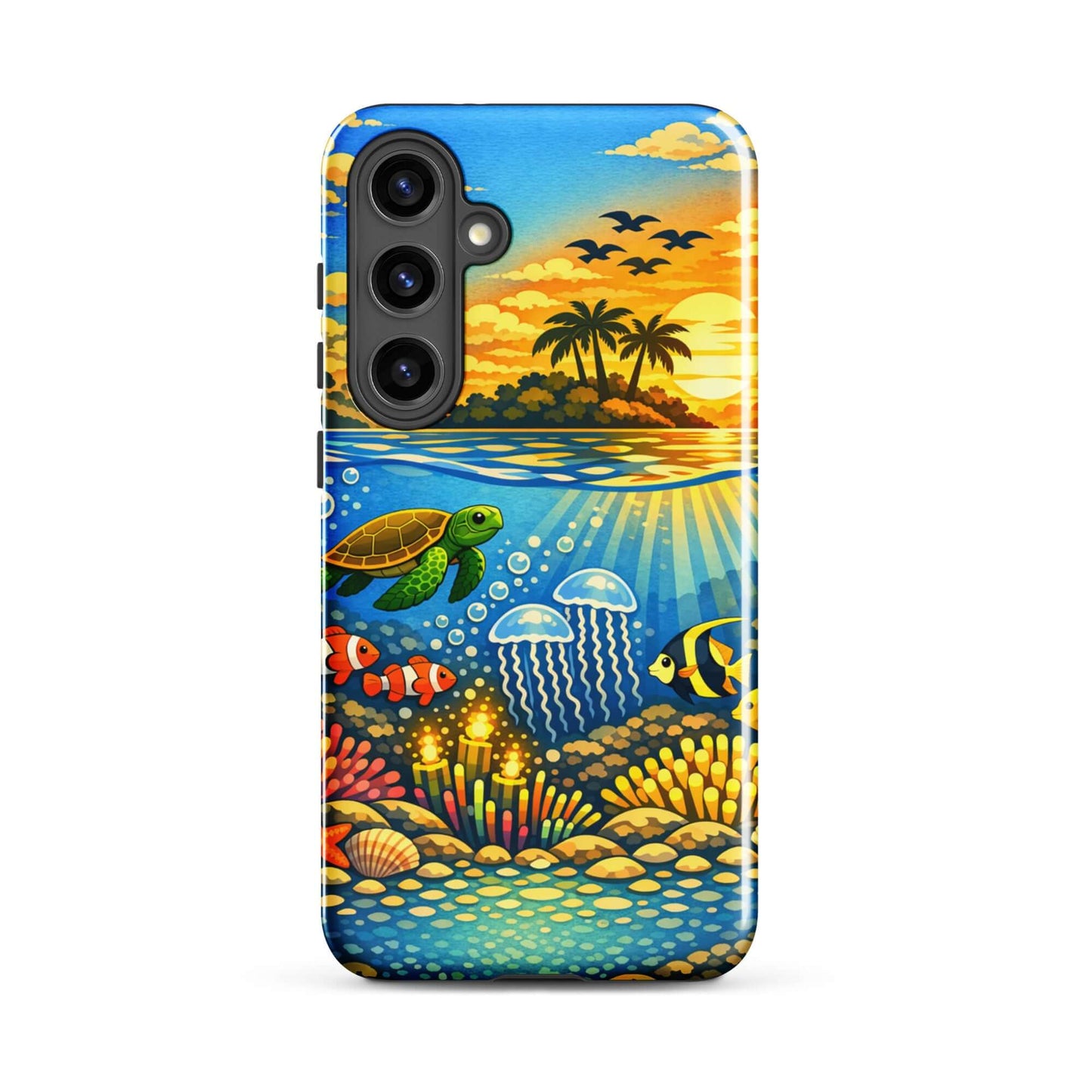 Phone Case for Samsung Galaxy featuring a tropical sunset and vibrant underwater reef with sea turtles and clownfish.