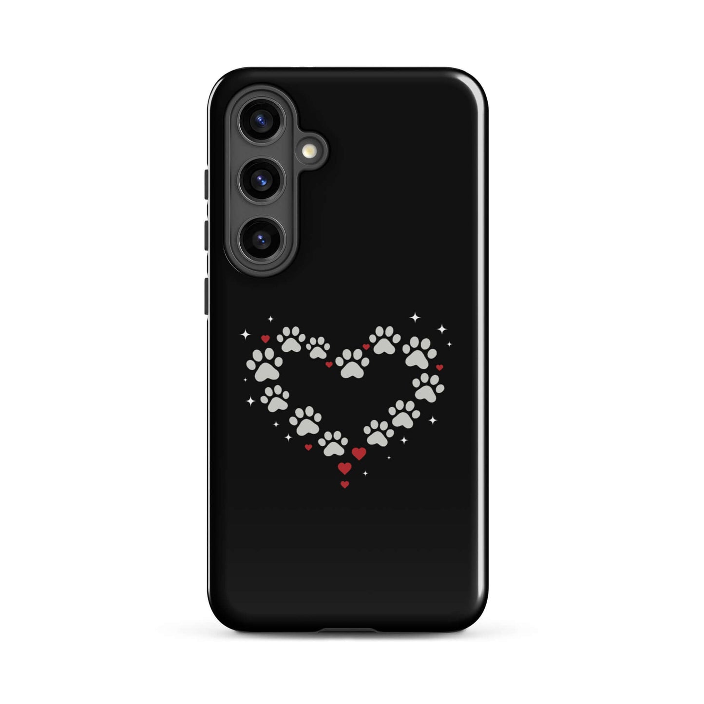 Phone Case for Samsung Galaxy with paw-print heart design on a black background.