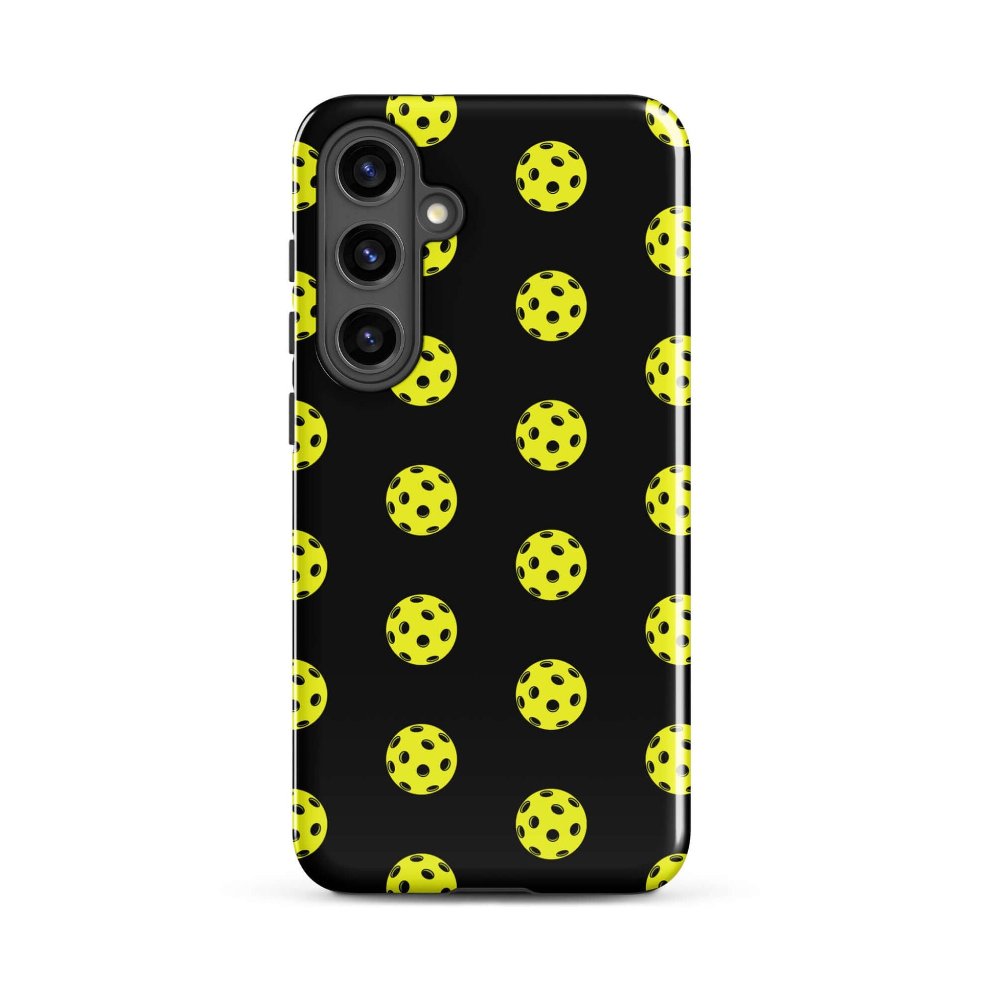 Phone Case for Samsung Galaxy featuring a playful pickleball pattern on a black background.