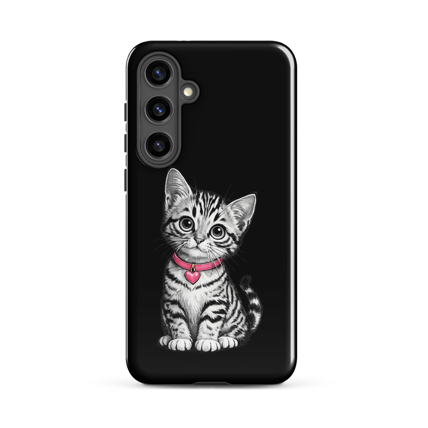 Phone Case for Samsung Galaxy with kitten sketch and pink heart charm