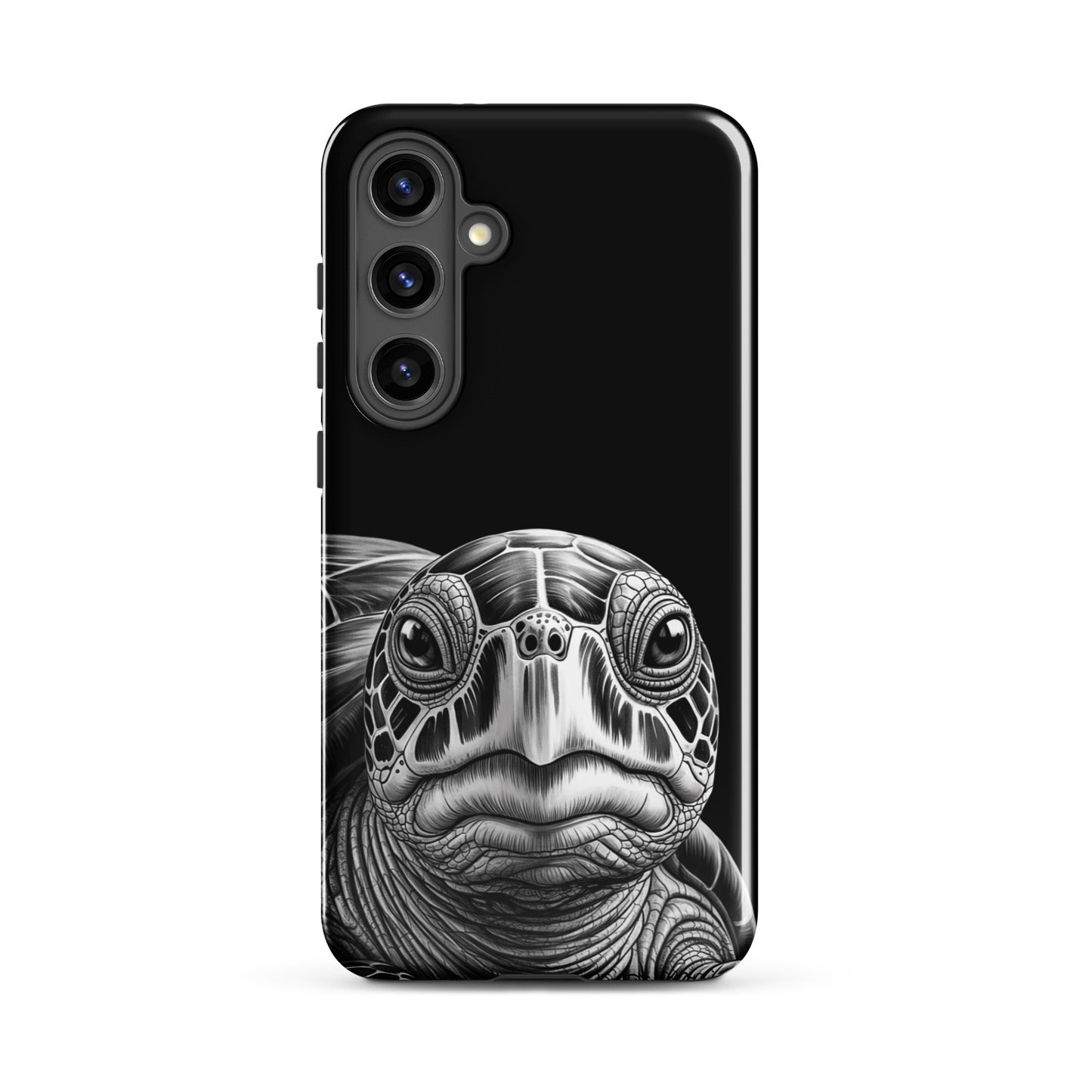 Phone Case for Samsung Galaxy with ancient sea turtle design in black and white, blending art with function.