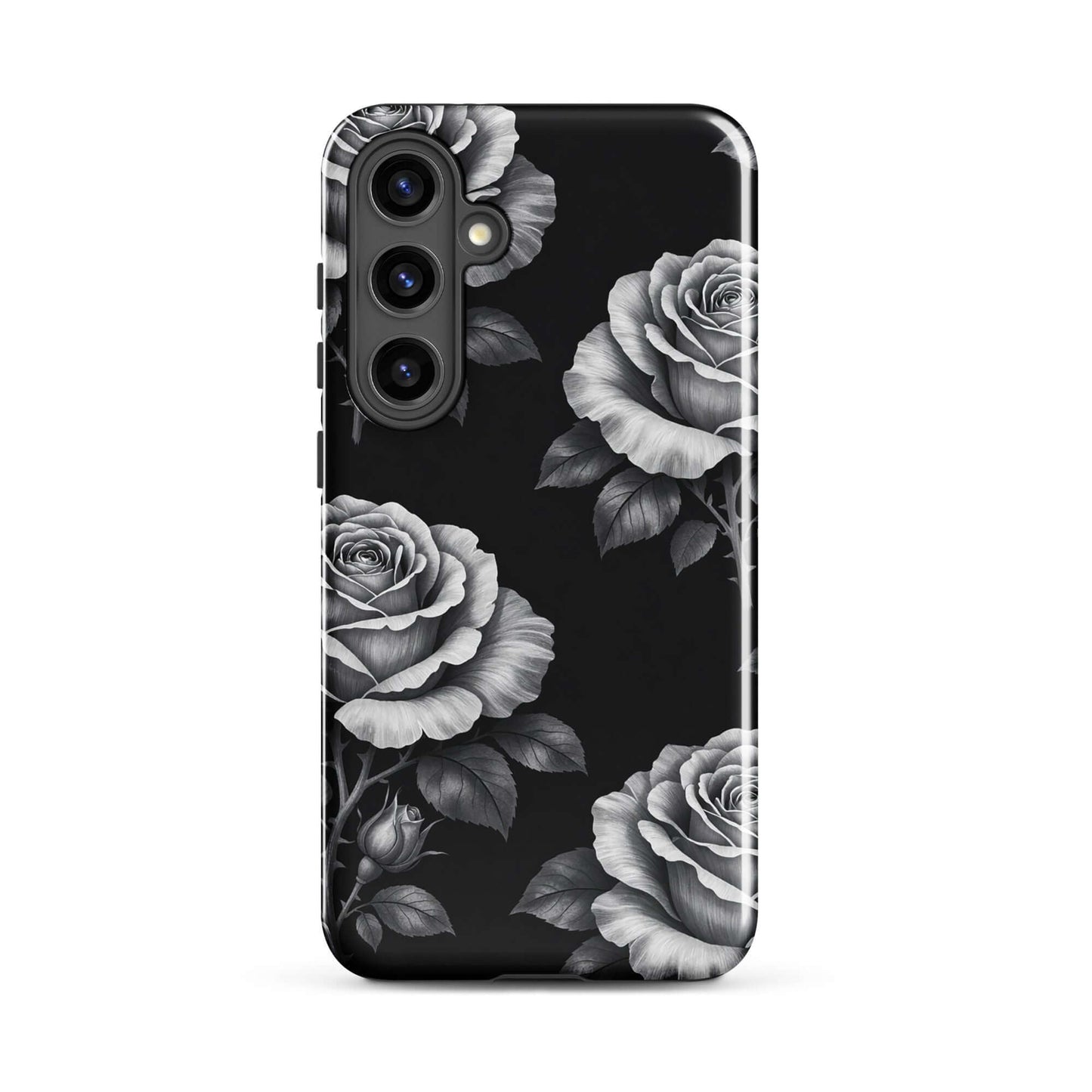 Phone Case for Samsung Galaxy in Rose Garden design with sketched roses on black background, floral elegant protection.