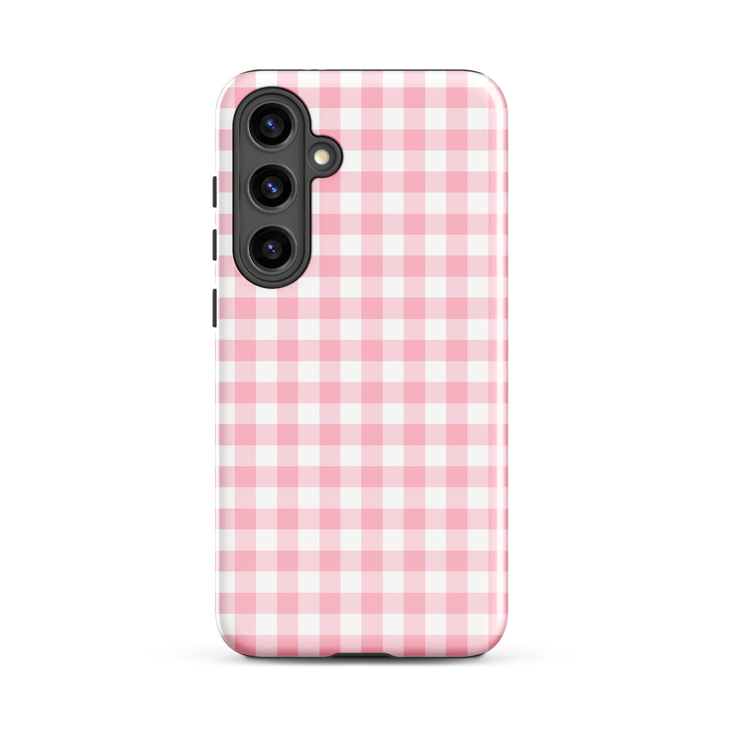 Phone Case for Samsung Galaxy with pink and white gingham pattern, offering style and protection.