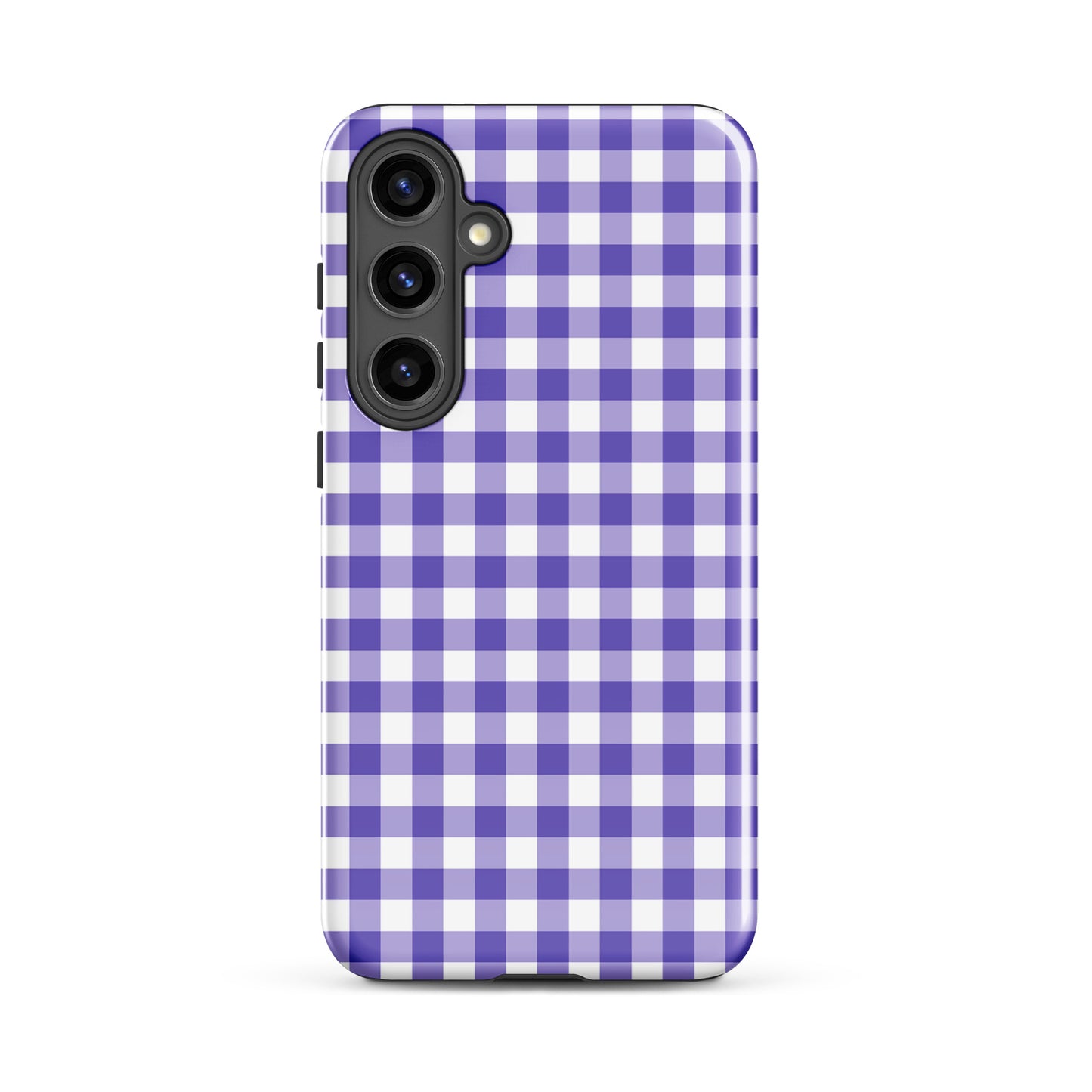 Phone case with purple and white gingham pattern for Samsung Galaxy, offering style and protection.