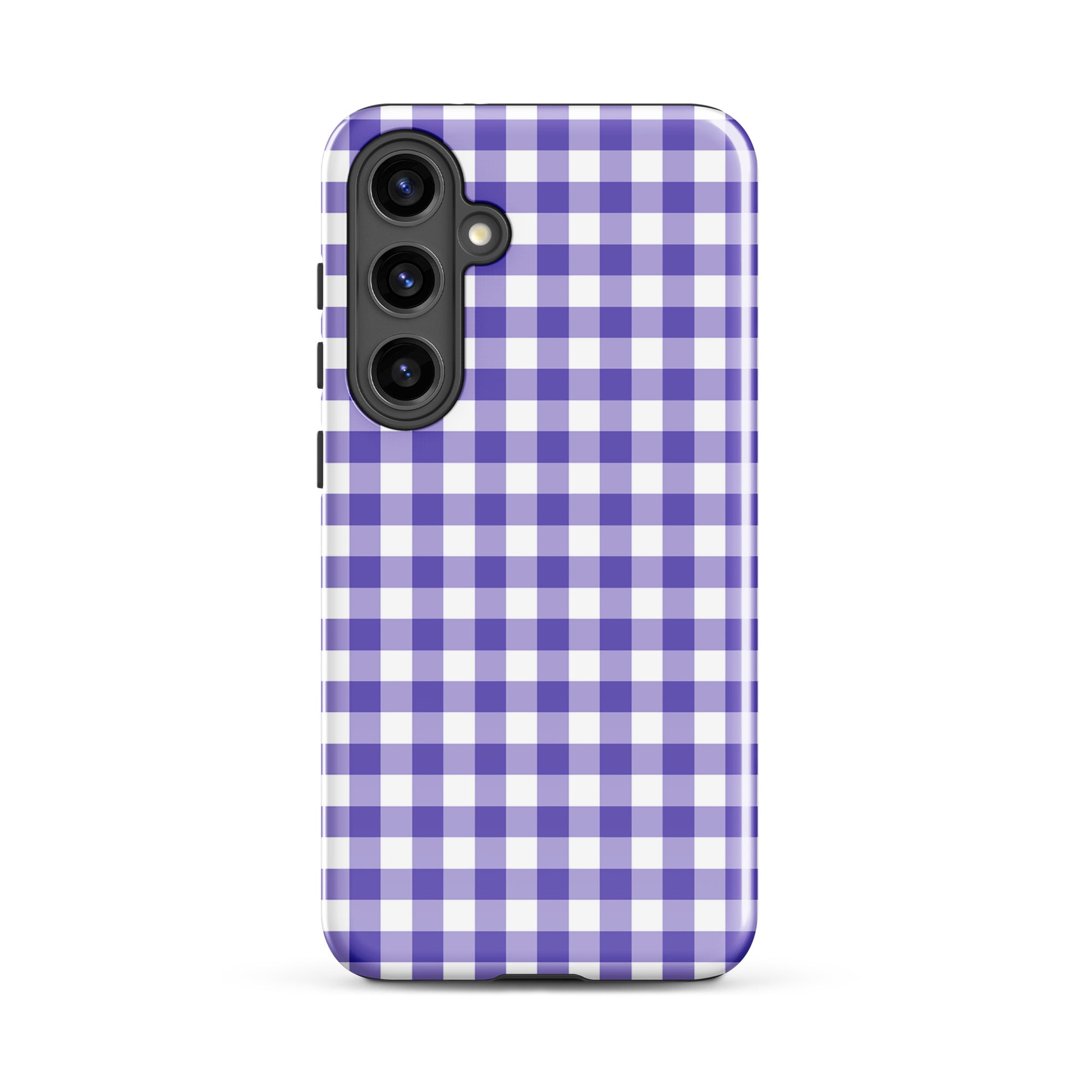 Phone case with purple and white gingham pattern for Samsung Galaxy, offering style and protection.