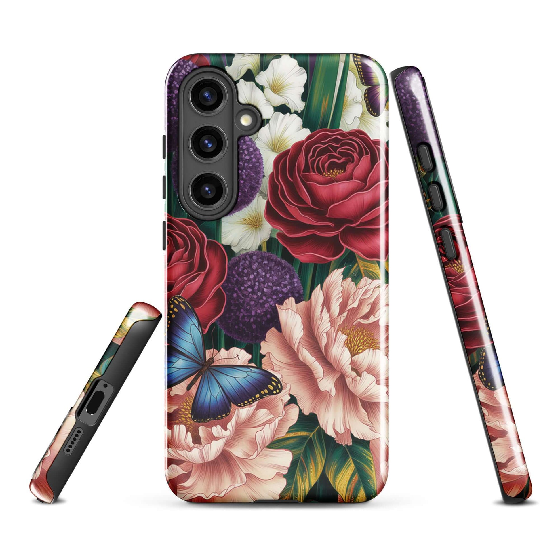 Phone Case for Samsung Galaxy with floral design featuring crimson roses, pink peonies, purple alliums, and blue butterflies.
