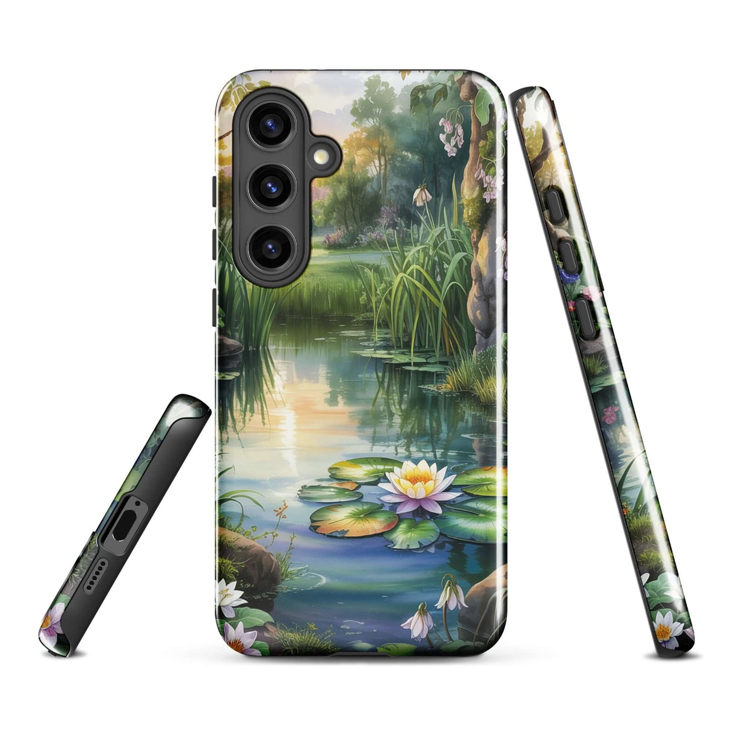 Phone Case for Samsung Galaxy with enchanted pond design, featuring a serene lily pond, lush greenery, and sunset hues.
