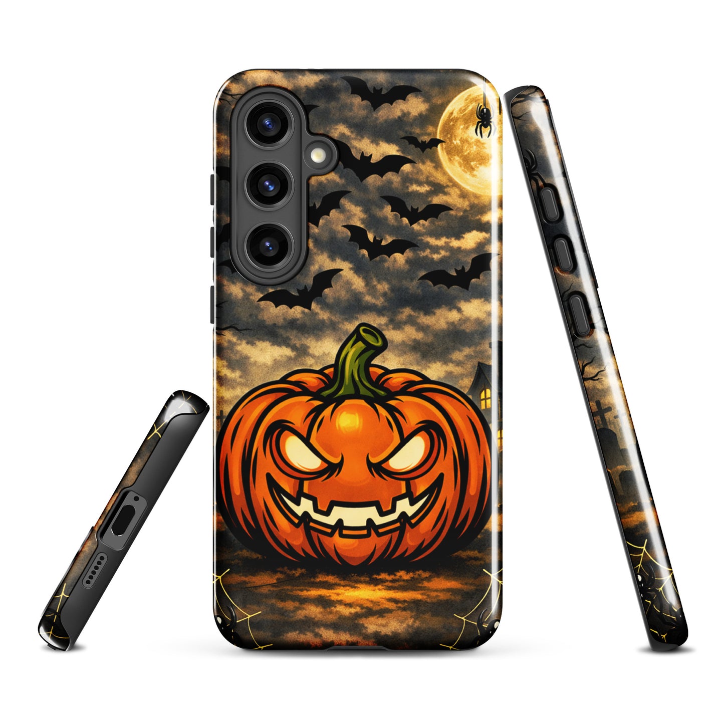 Phone Case for Samsung Galaxy featuring Halloween pumpkin, bats, moonlit clouds, and haunted house design for spooky charm.