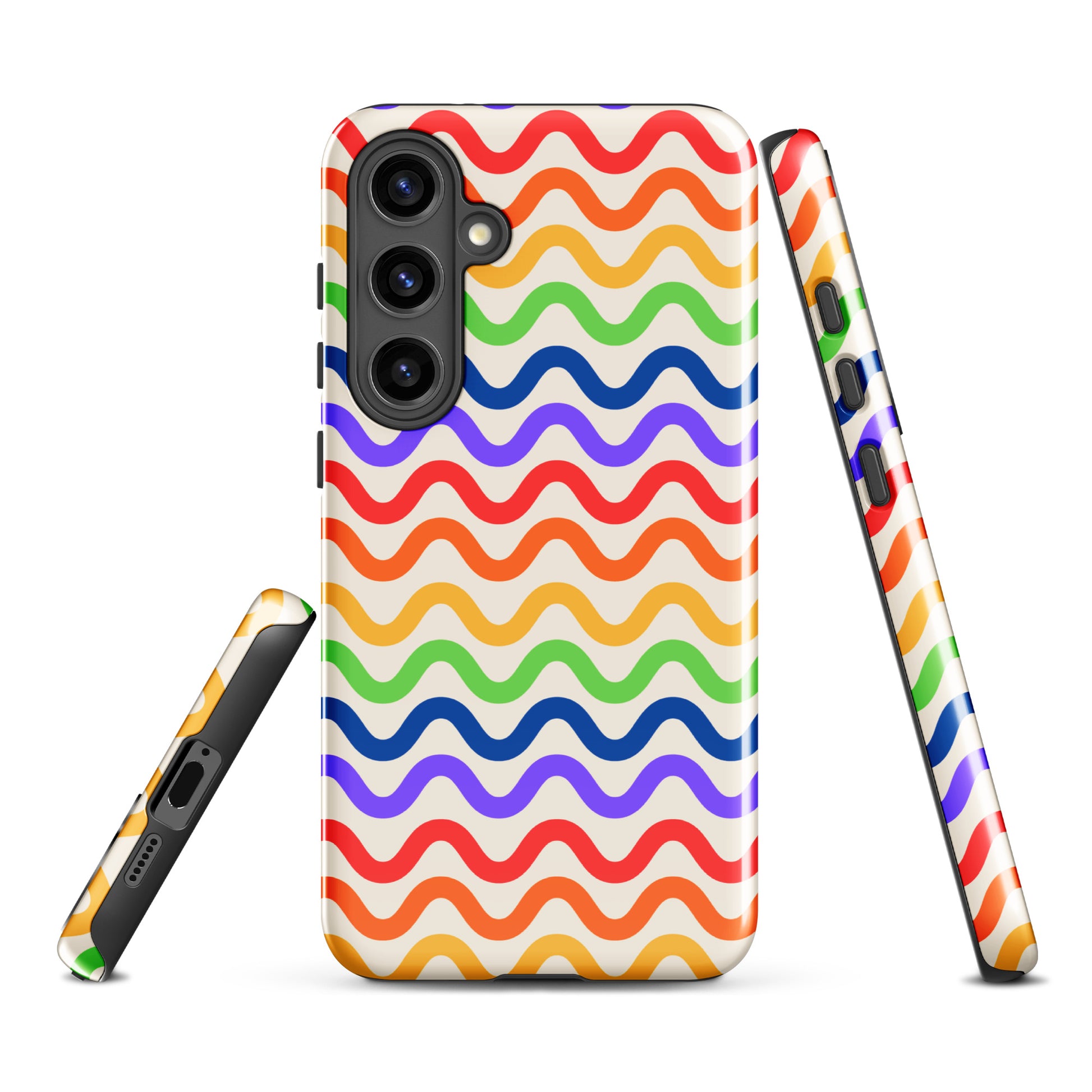 Phone Case for Samsung Galaxy with wavy rainbow pattern in purple, red, orange, yellow, green, and blue on a white background.