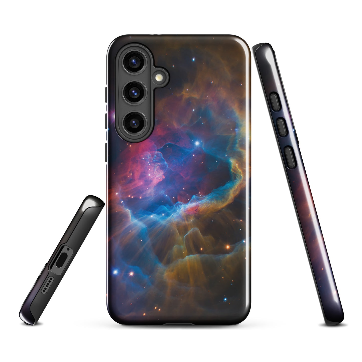 Phone Case for Samsung Galaxy with nebula cosmic dreamscape design, featuring electric blues and fiery oranges.