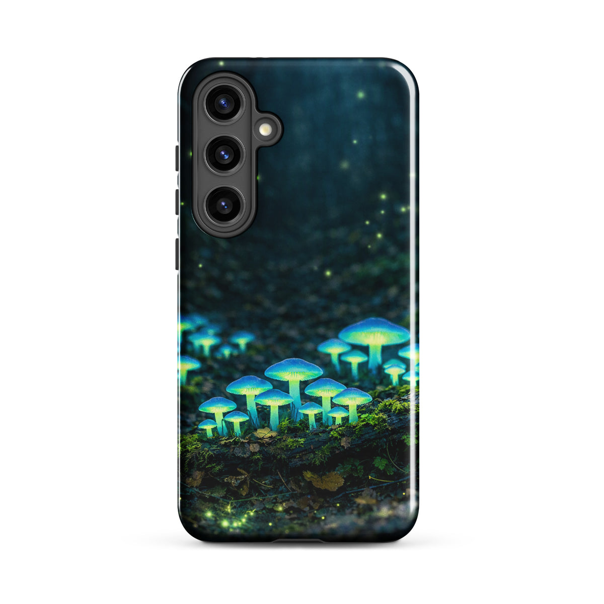 Phone Case for Samsung Galaxy featuring glowing forest mushrooms with ethereal blue-green light on a dreamy woodland scene.