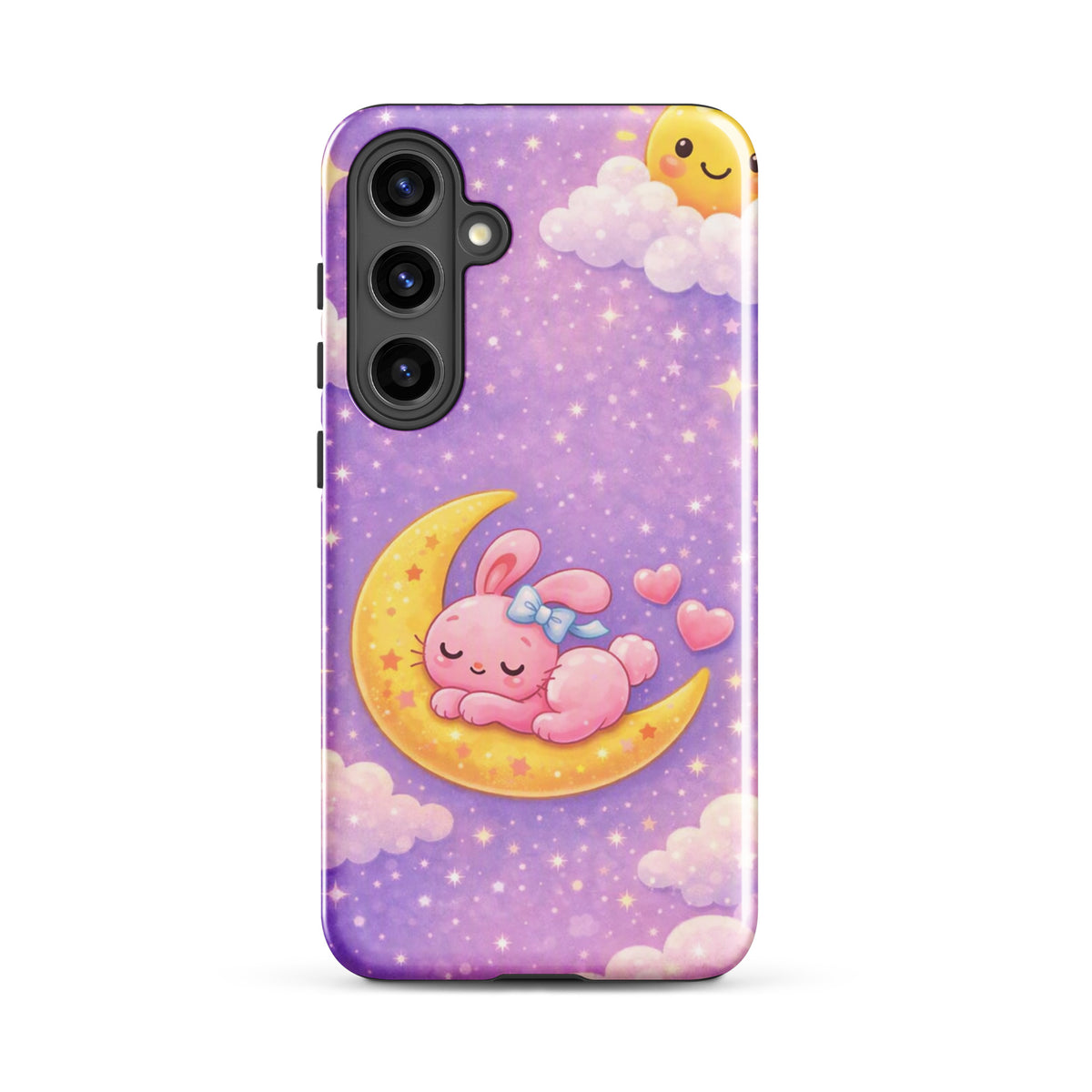 Phone Case for Samsung Galaxy - Cute, Cozy, Dreamy Bunny Moon Design featuring a pastel purple sky with a pink bunny on a crescent moon.