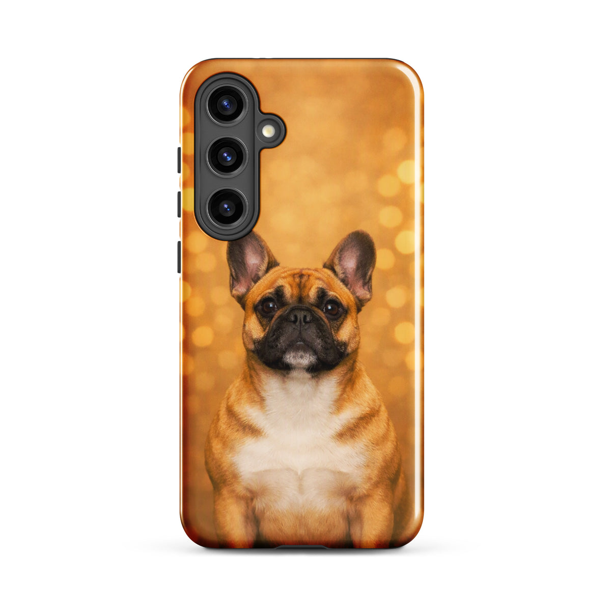 Phone Case for Samsung Galaxy featuring a portrait of a French Bulldog sitting against a golden bokeh background.