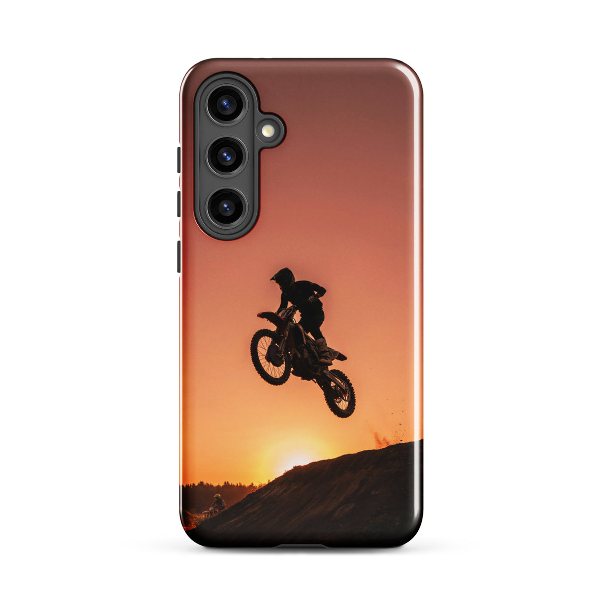 Phone Case for Samsung Galaxy with motocross sunset dirt bike design in burnt orange and copper hues.