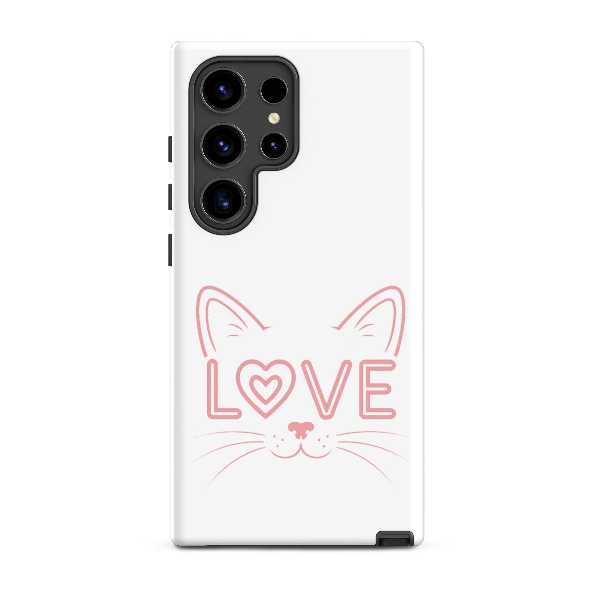 Cat Love phone case for Samsung Galaxy featuring a minimalist cat face design and the word "LOVE" in a modern style.