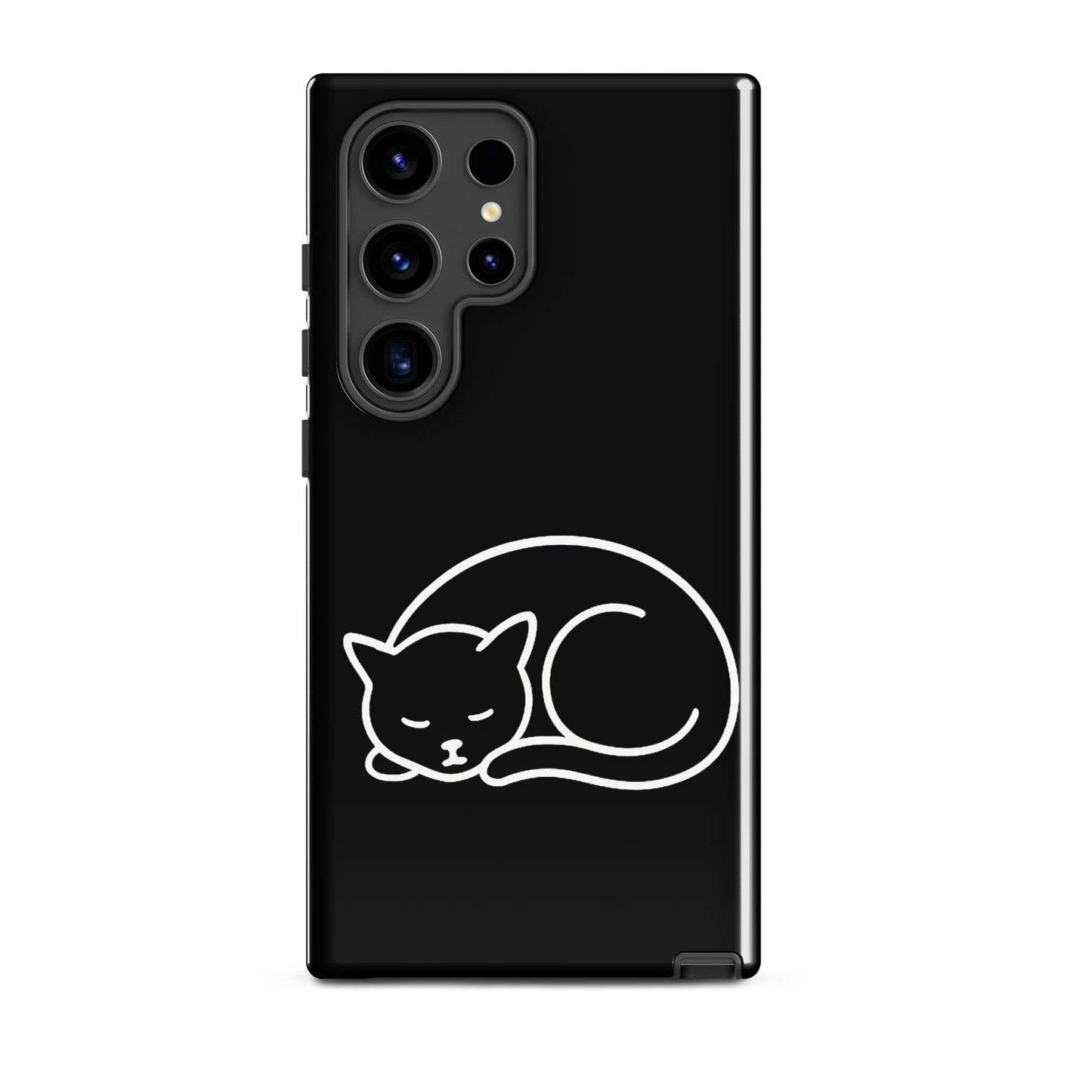 Phone Case for Samsung Galaxy Phones featuring a minimalist curled-up cat design on a sleek black background.