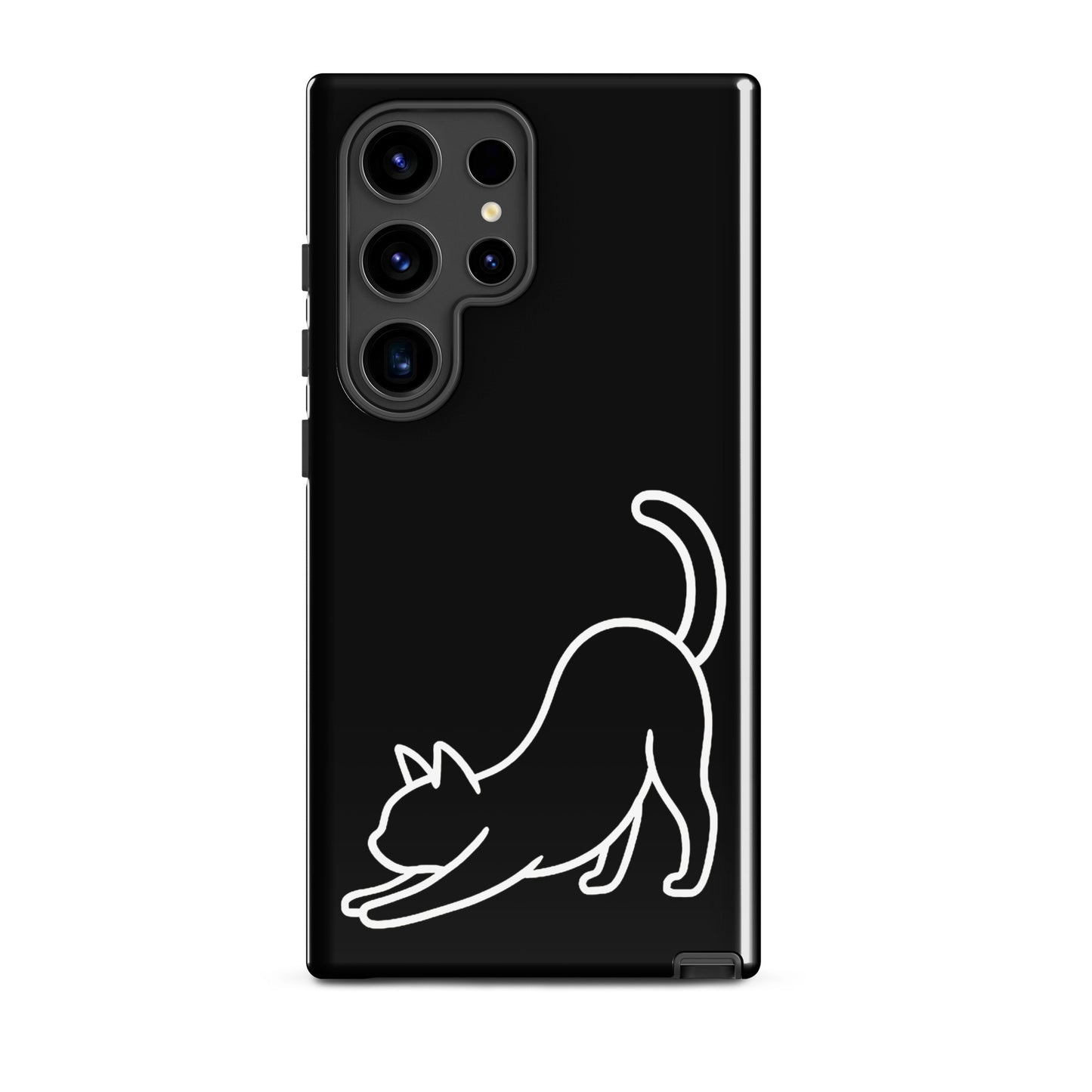 Phone Case for Samsung Galaxy featuring a minimalist stretching cat design on a sleek black background.