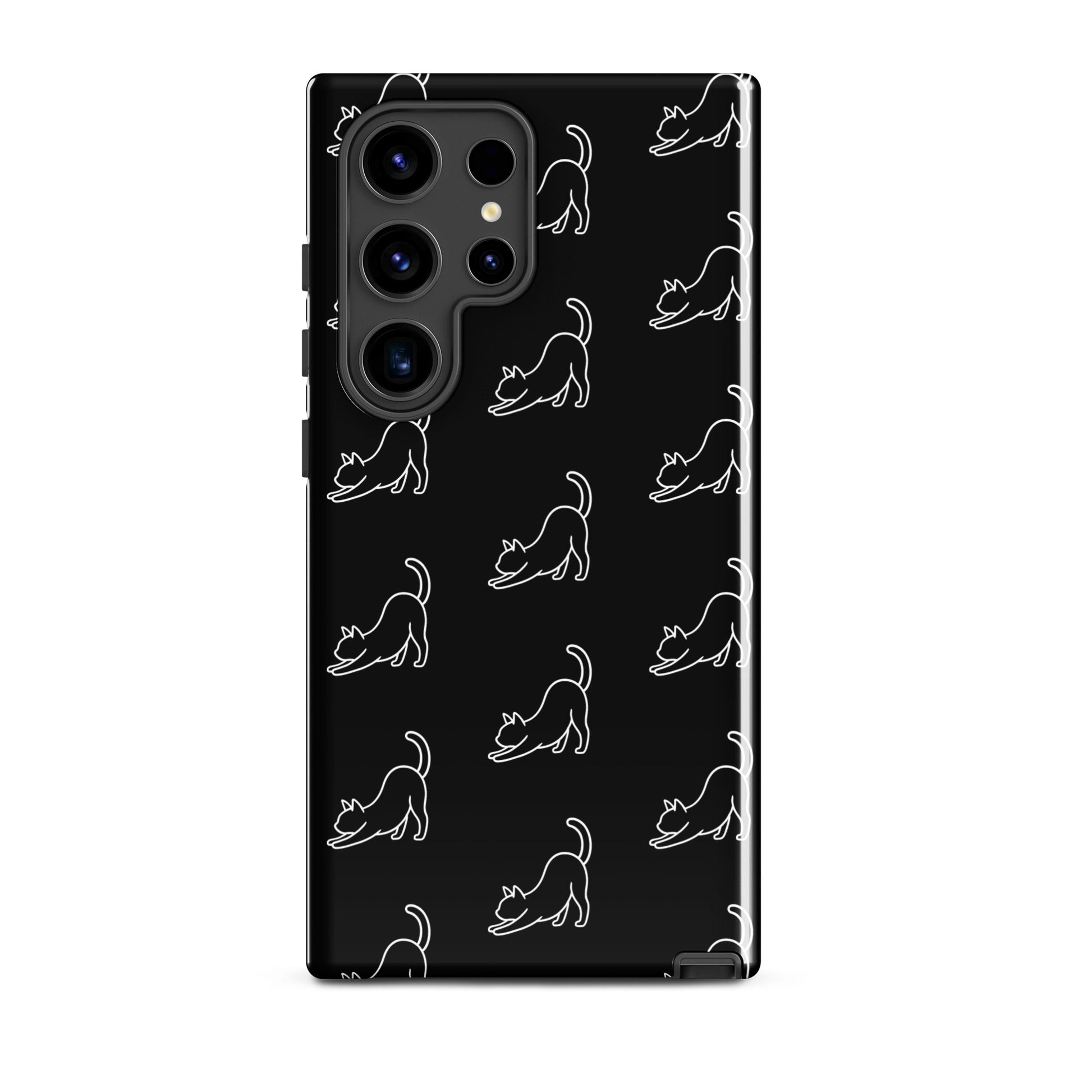Phone Case for Samsung Galaxy with minimalist stretching cat pattern on a sleek black background.
