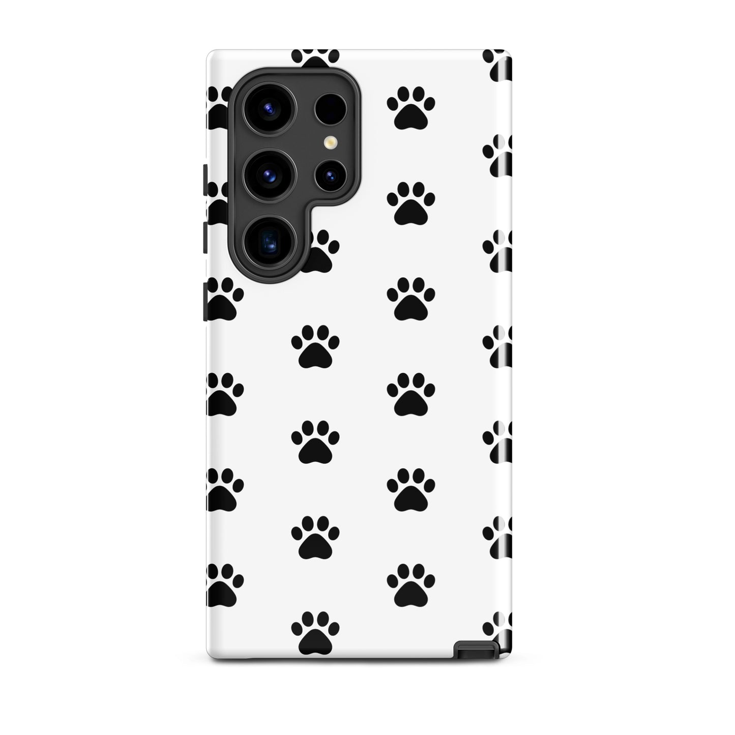 Phone Case for Samsung Galaxy featuring a stylish black paw print design on a white background.