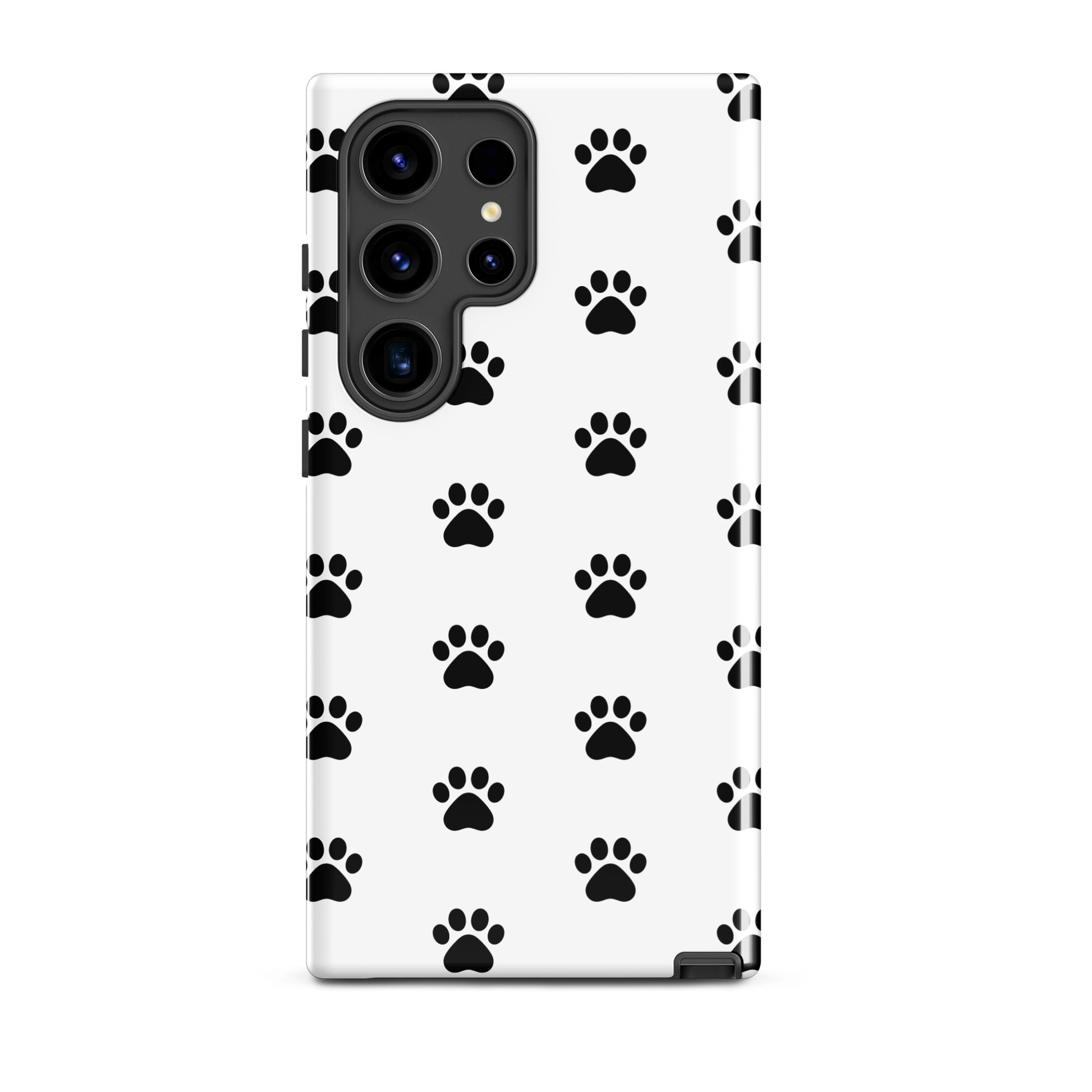 Phone Case for Samsung Galaxy featuring a stylish black paw print design on a white background.