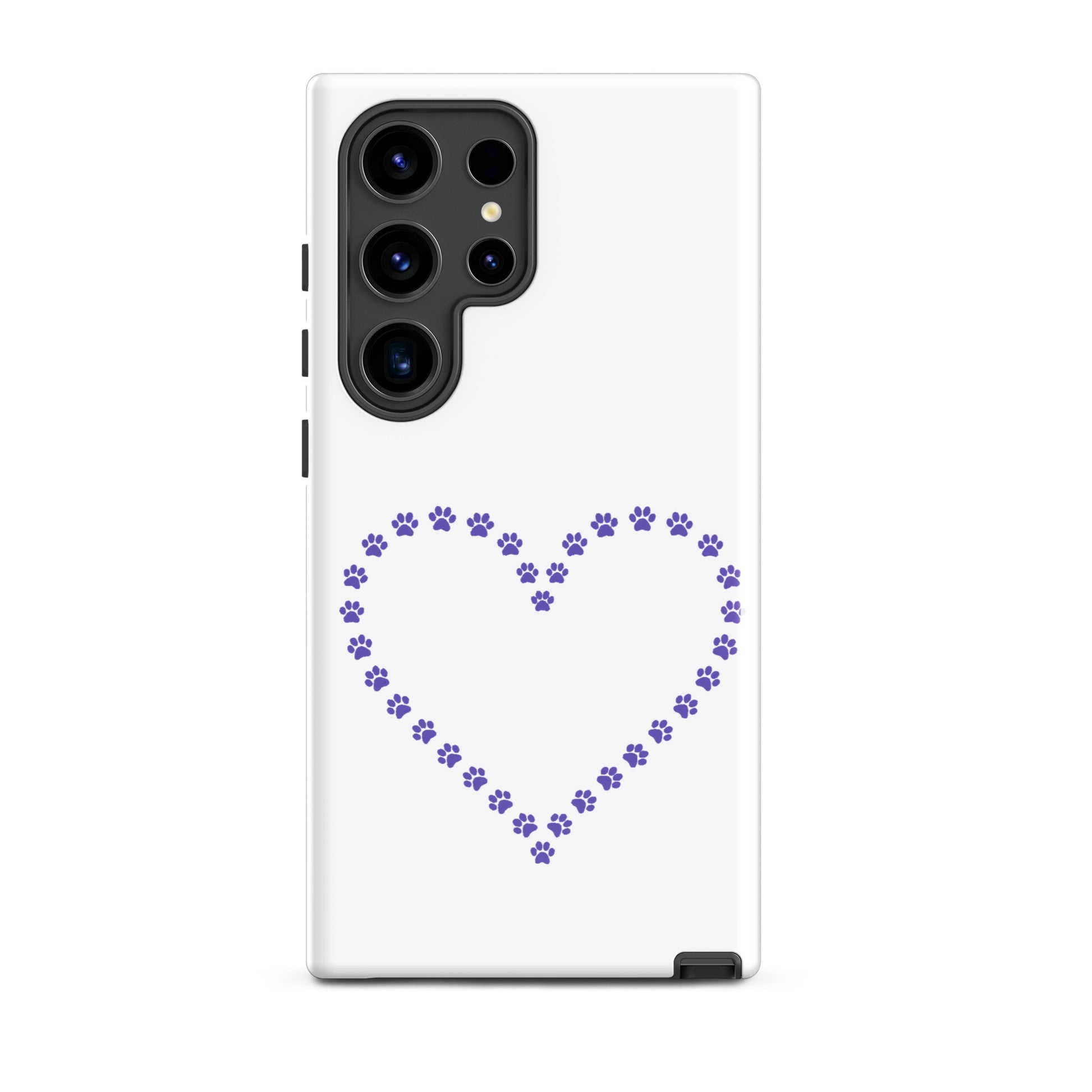 Phone Case for Samsung Galaxy featuring a heart design made of purple paw prints, ideal for pet lovers.