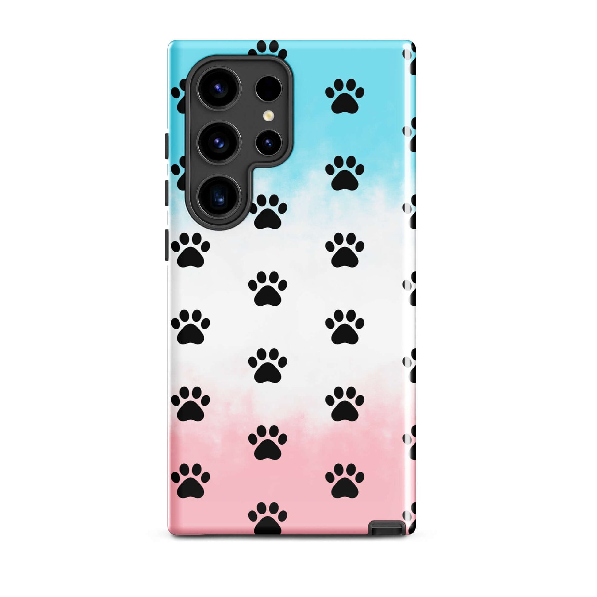 Phone Case for iPhone featuring a playful paw print pattern in blue and pink, designed for pet lovers.