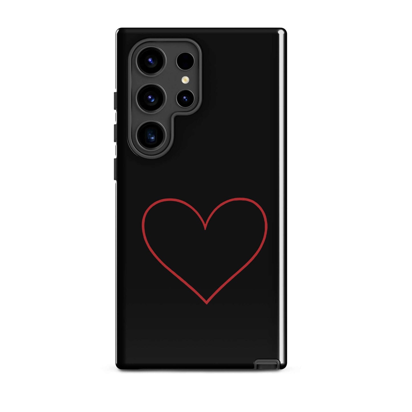 Phone Case for Samsung Galaxy featuring a minimalist crimson heart design on a sleek black background.