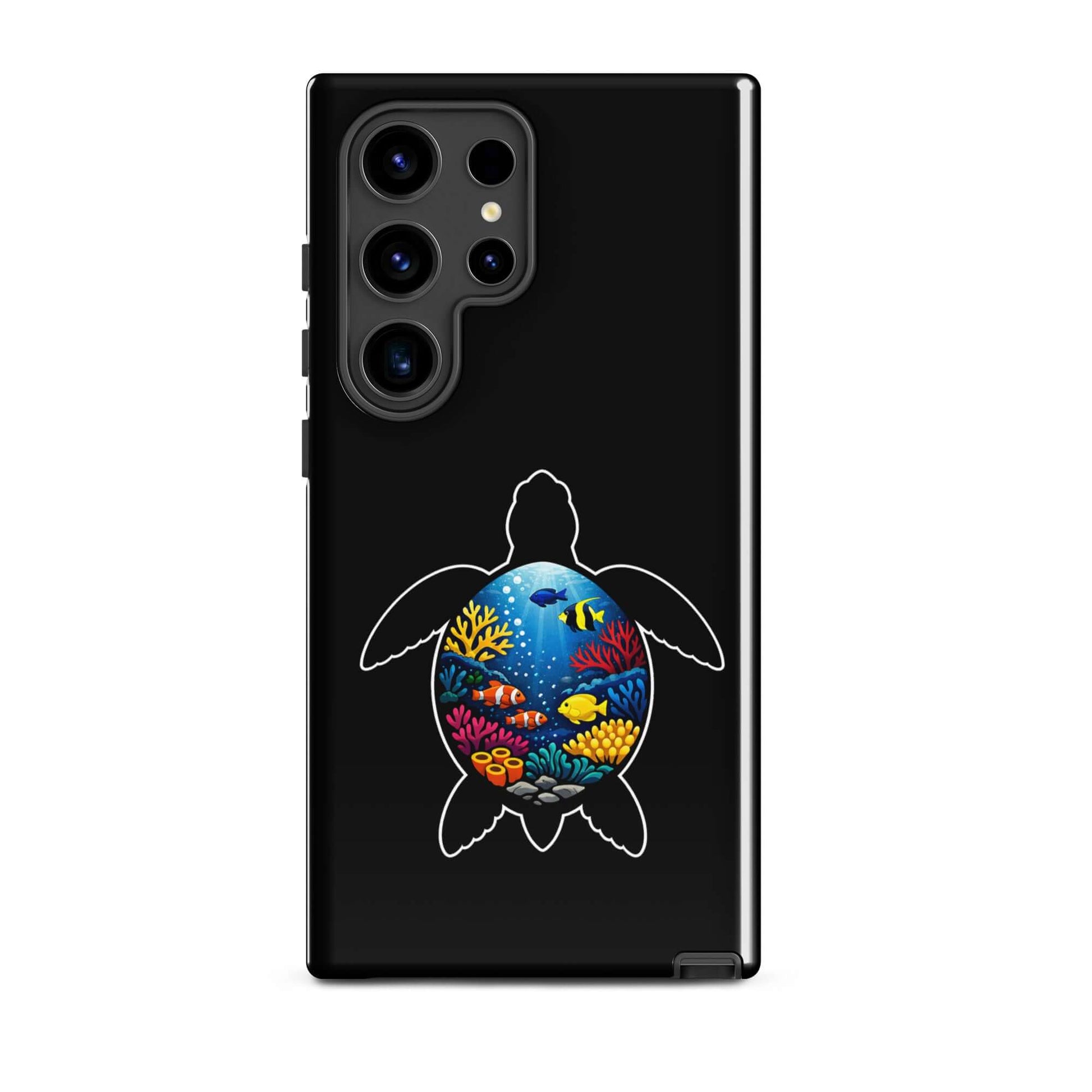 Phone case for Samsung Galaxy featuring vibrant sea turtle reef design and colorful coral scene.