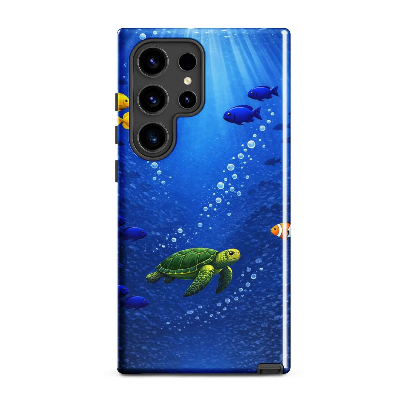 Phone Case for Samsung Galaxy featuring a vibrant sea turtle and tropical fish design in deep blue.