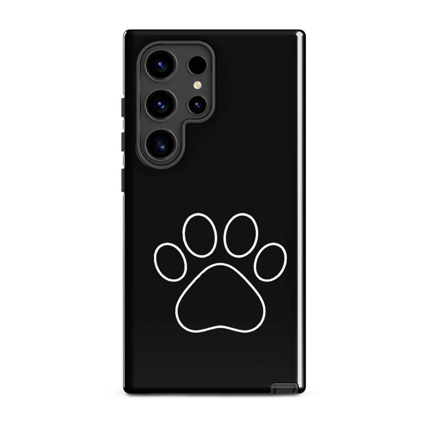 Phone Case for Samsung Galaxy in black with minimalist white paw print design for pet lovers.