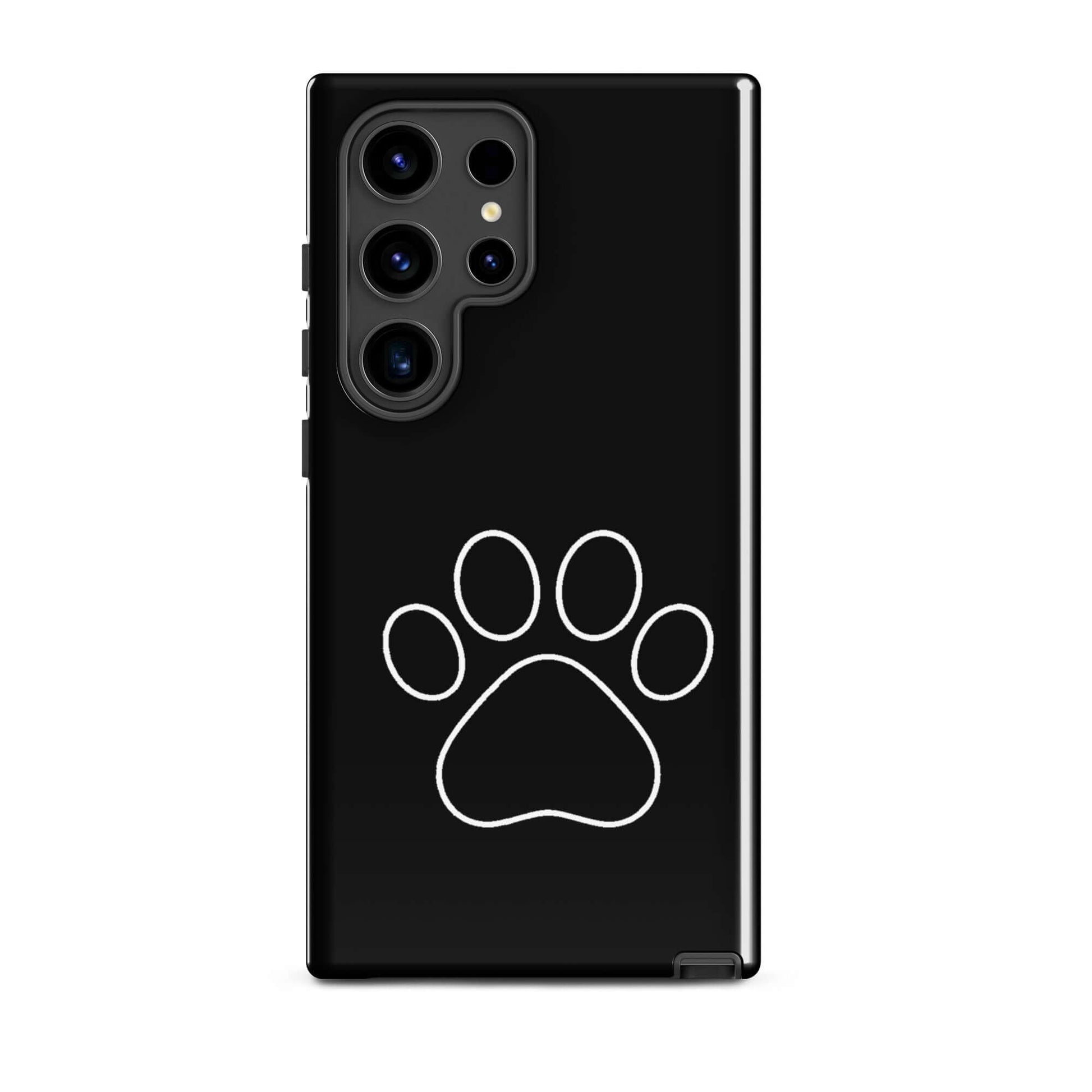 Phone Case for Samsung Galaxy in black with minimalist white paw print design for pet lovers.